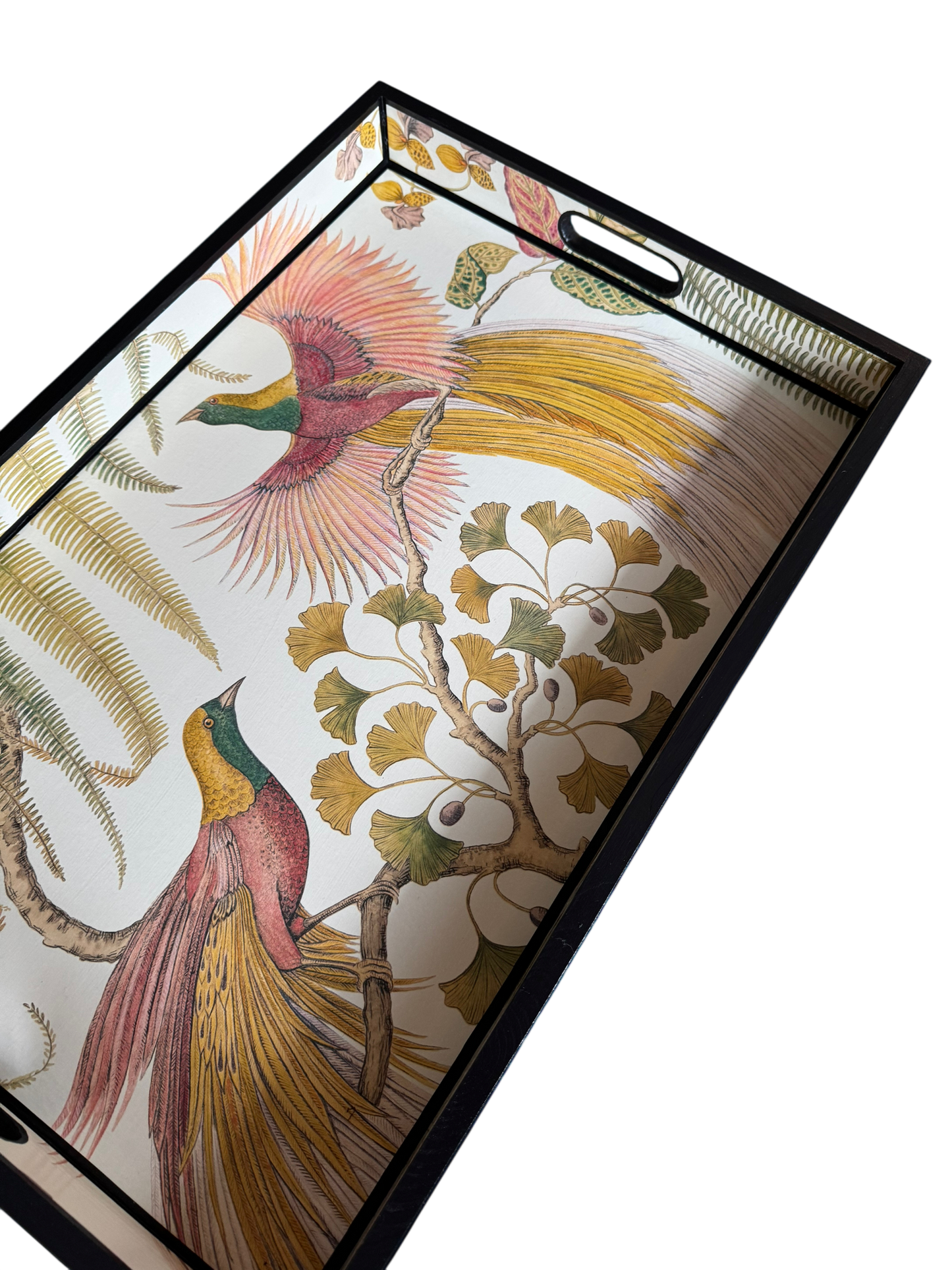 Kew Noir - Ottoman tray available in 5 x sizes - Decoupage in Bird of Paradise by Sanderson in Olive colourway