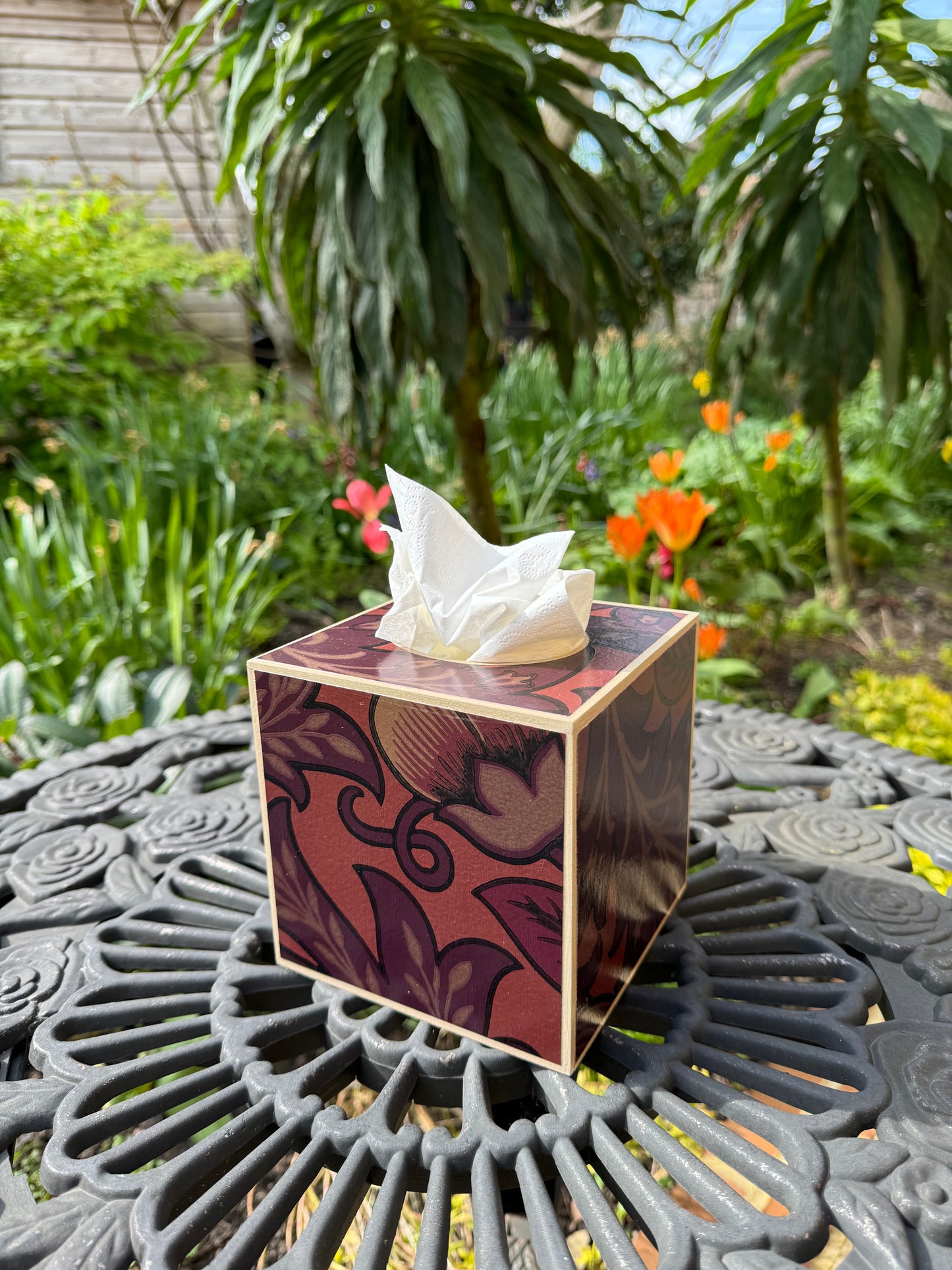 CAMDEN - Square tissue box cover - Decoupage in Artichoke/Morris & Co/Sanderson in wine colourway.