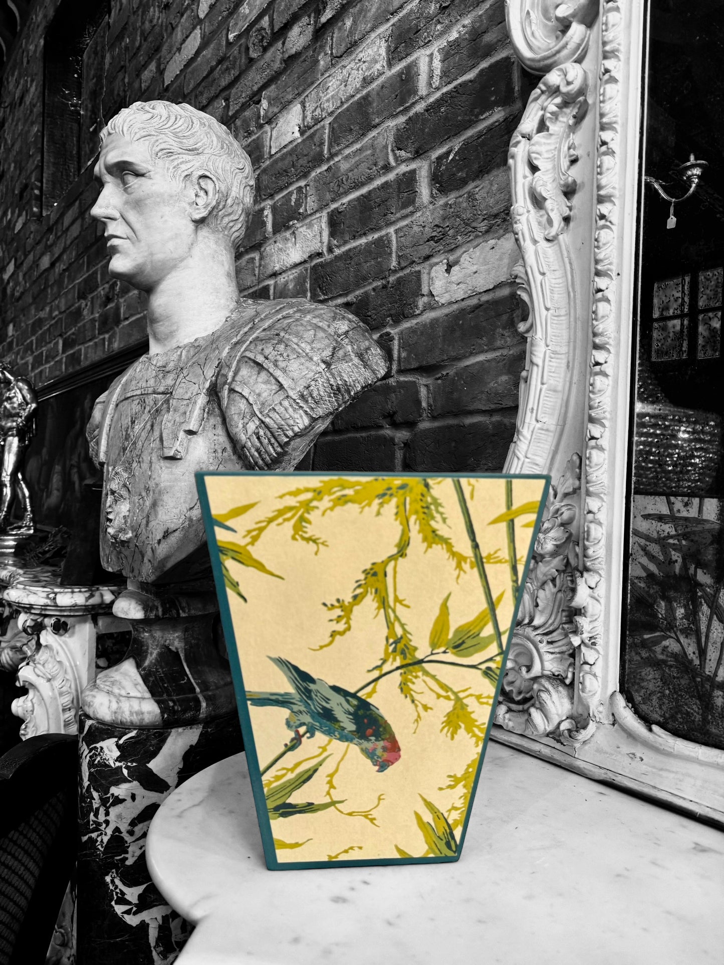 Bloomsbury - Matching set - Waste paper bin and square or rectangle tissue box cover - Decoupage in Great Ormond Street/Little Greene in tropical colour way