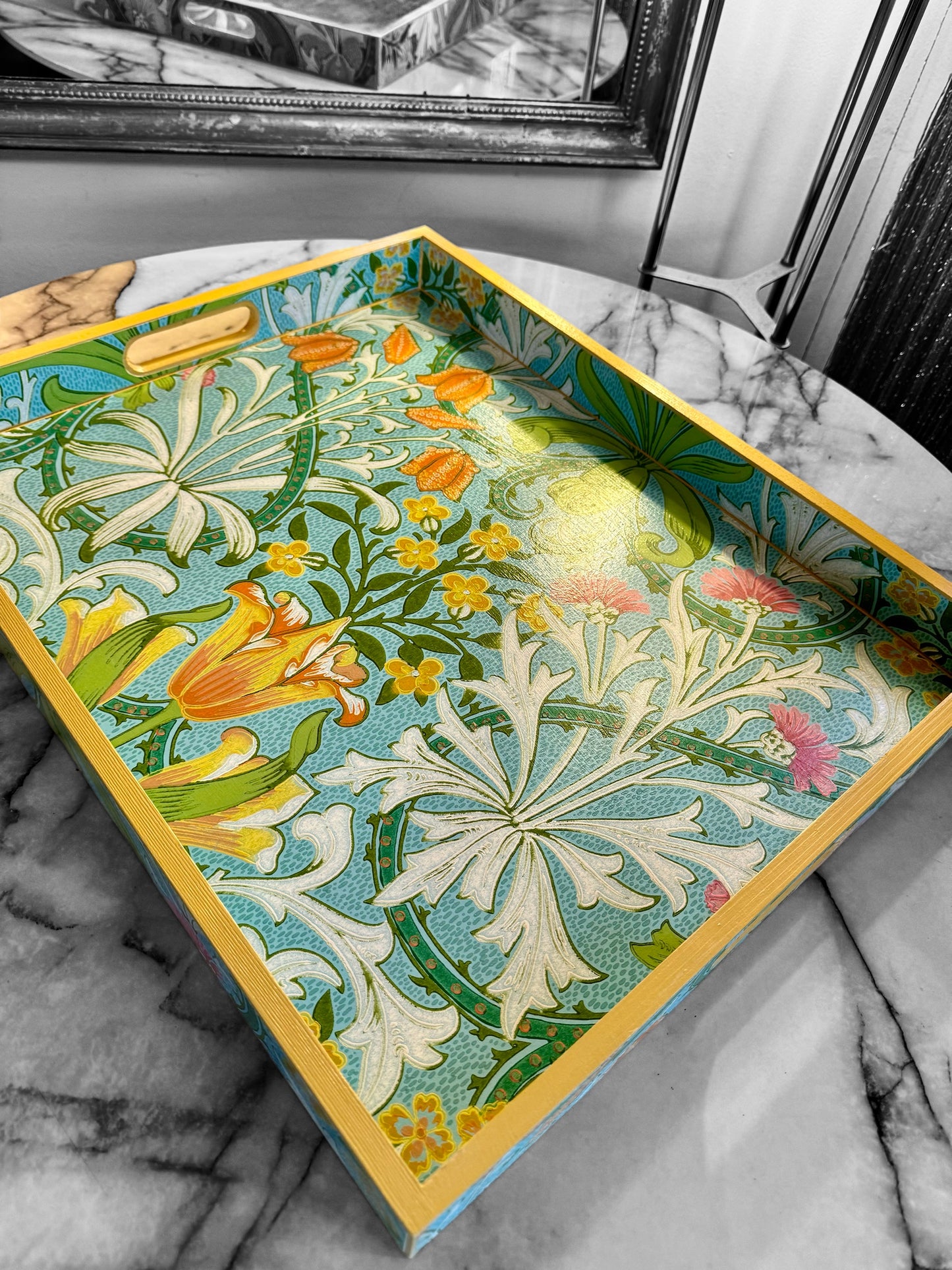 HIGHGATE **LIMITED EDITION** Tray in 4 x sizes - Decoupage in Woodland Weeds Cornubia/Ben Pentreath/Morris & Co in orange/turquoise colourway.