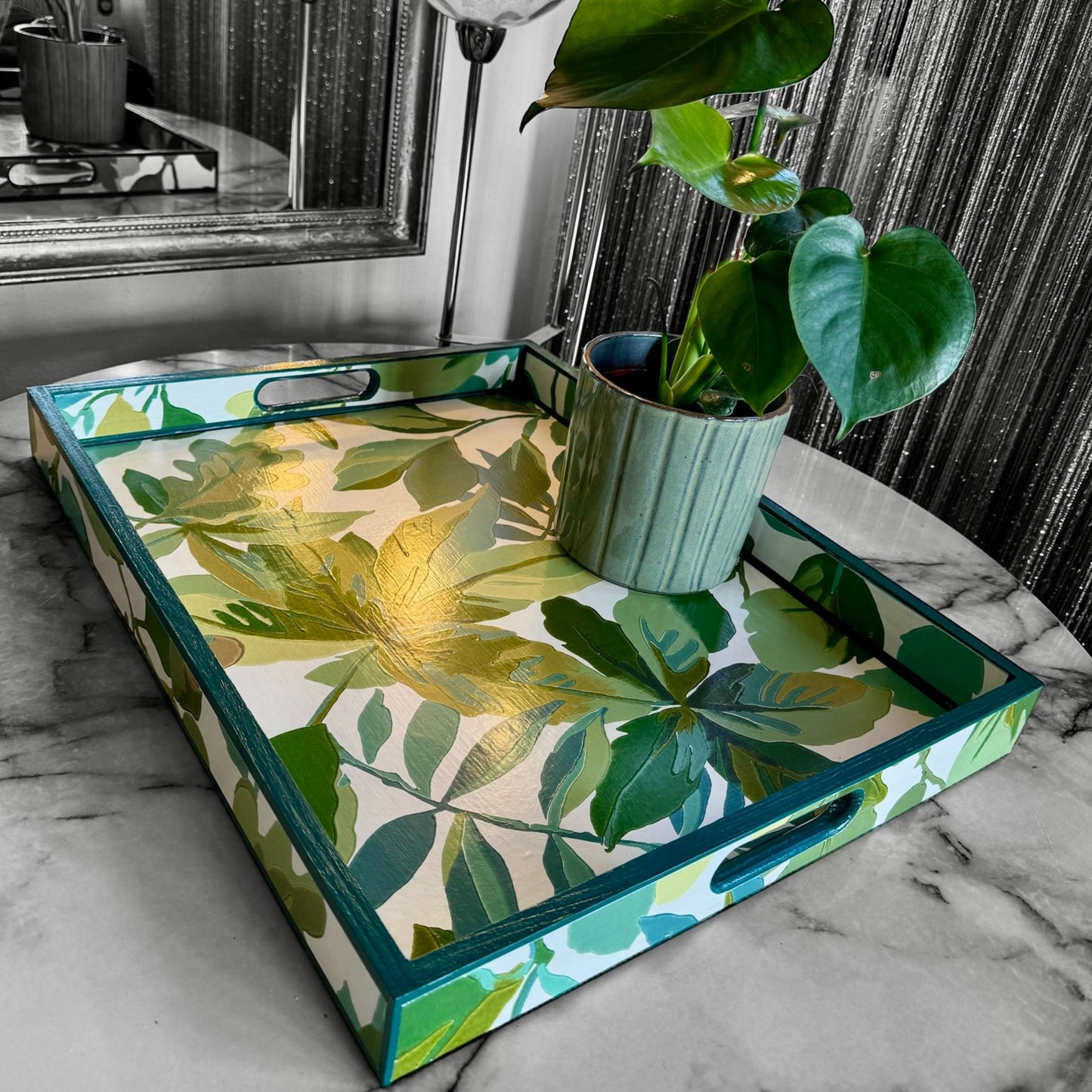 KENT - tray available in 4 x sizes - decoupage in Robin's Wood/Sanderson botanical in green colourway.