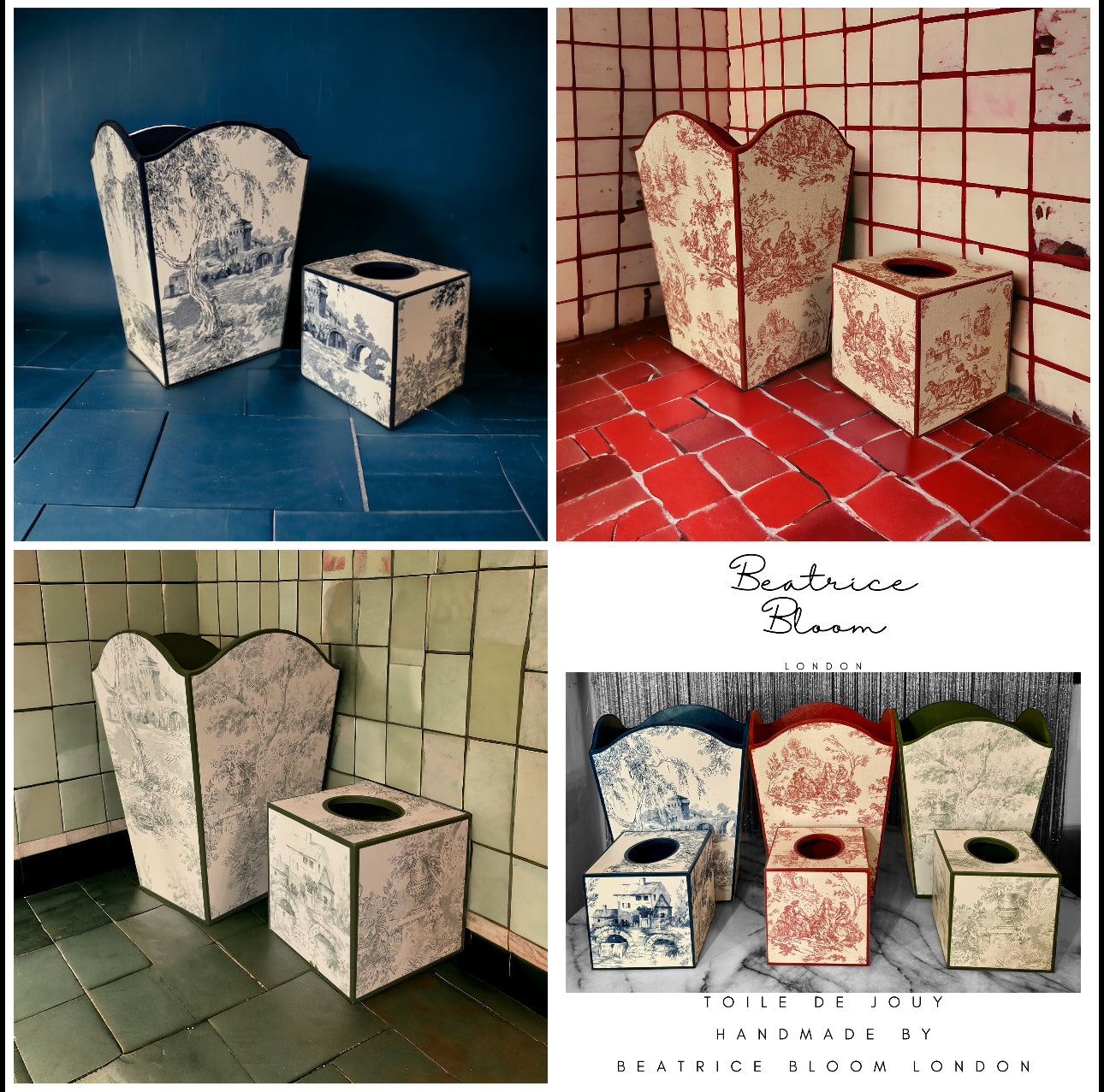 CANNES - waste paper bin and square tissue box cover - Decoupage in classic Toile de Jouy in red colour way