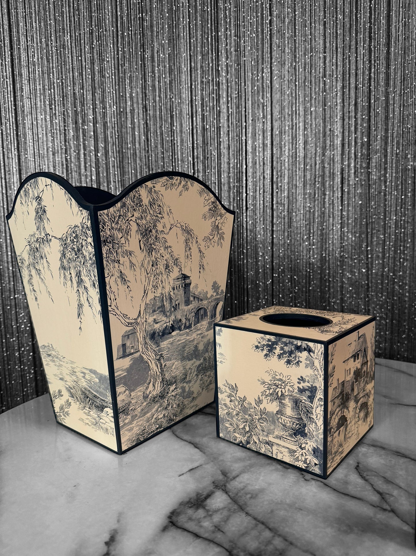 PARIS - waste paper bin and square tissue box cover - Decoupage in classic Toile de Jouy in navy colour way