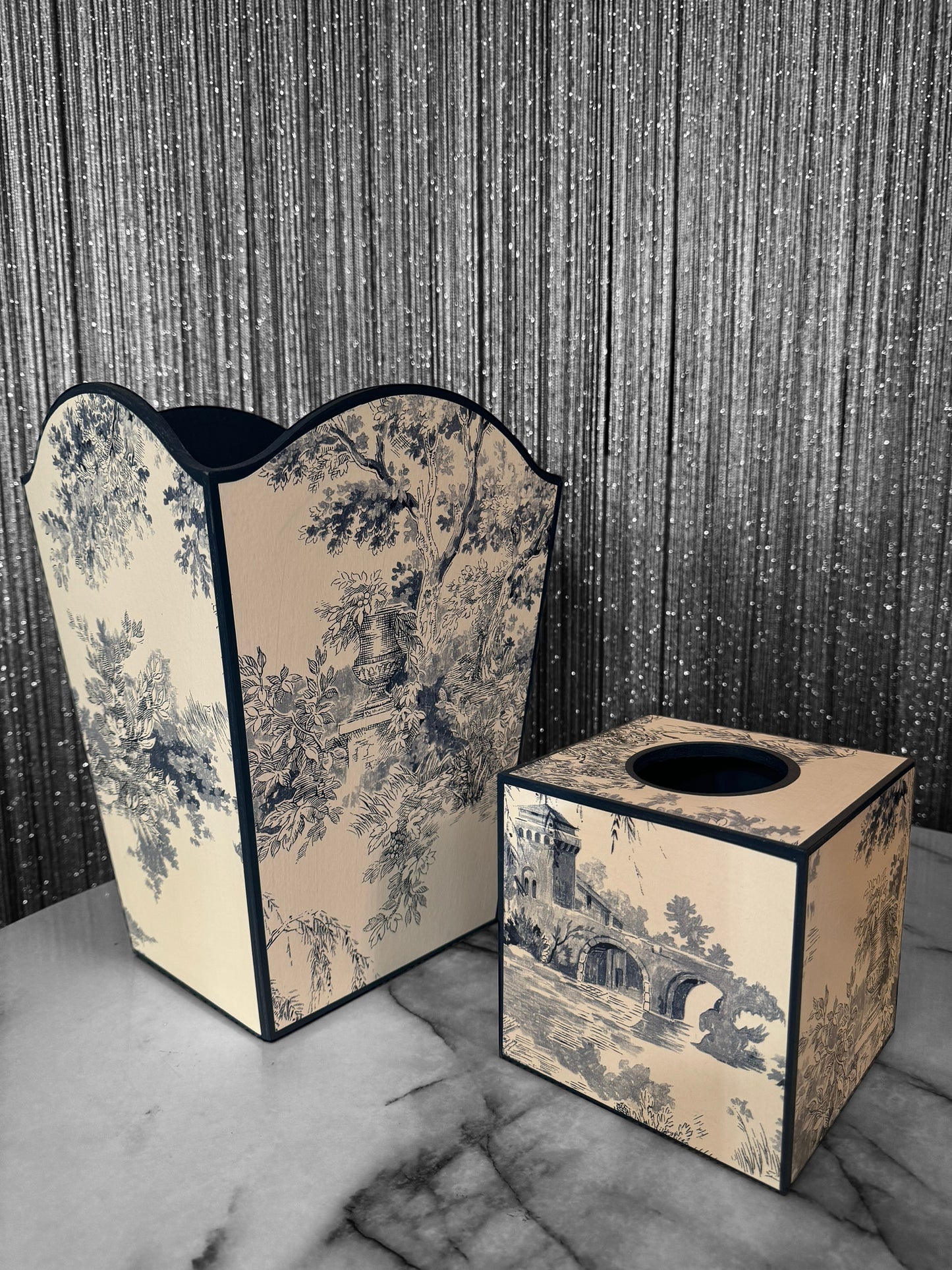 PARIS - waste paper bin and square tissue box cover - Decoupage in classic Toile de Jouy in navy colour way