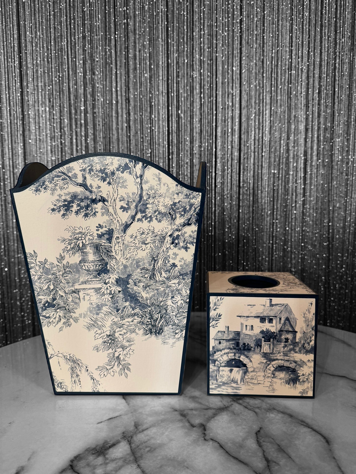 PARIS - waste paper bin and square tissue box cover - Decoupage in classic Toile de Jouy in navy colour way