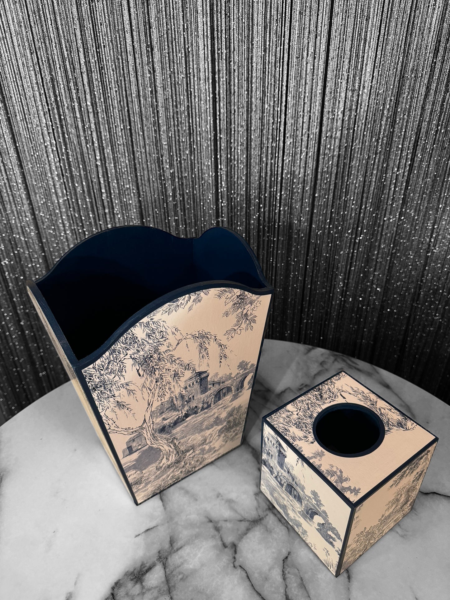 PARIS - waste paper bin and square tissue box cover - Decoupage in classic Toile de Jouy in navy colour way