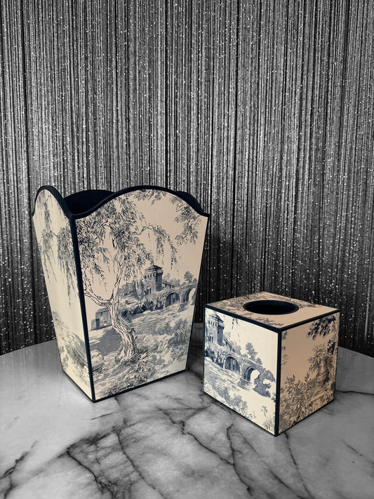 PARIS - waste paper bin and square tissue box cover - Decoupage in classic Toile de Jouy in navy colour way