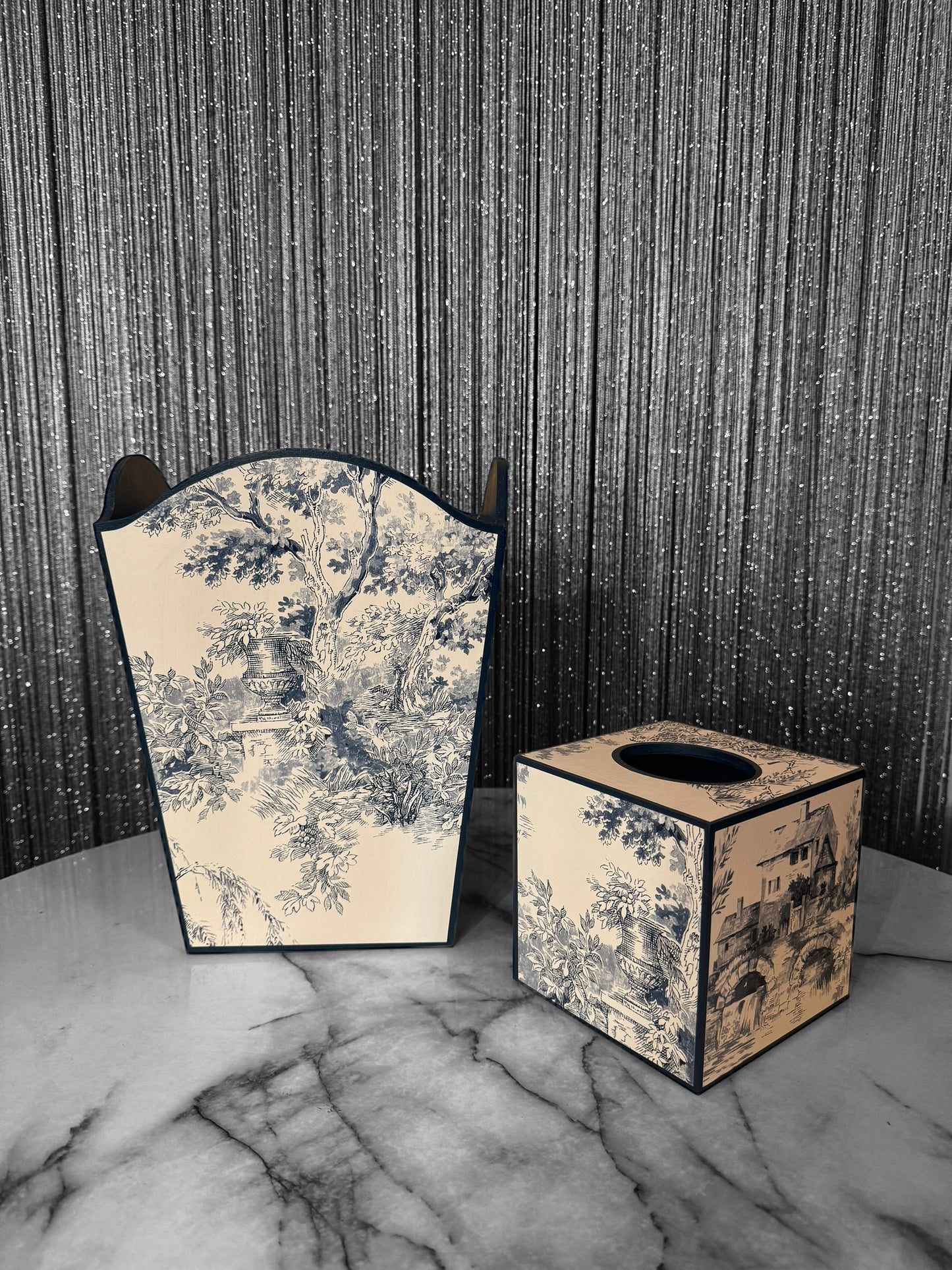 PARIS - waste paper bin and square tissue box cover - Decoupage in classic Toile de Jouy in navy colour way