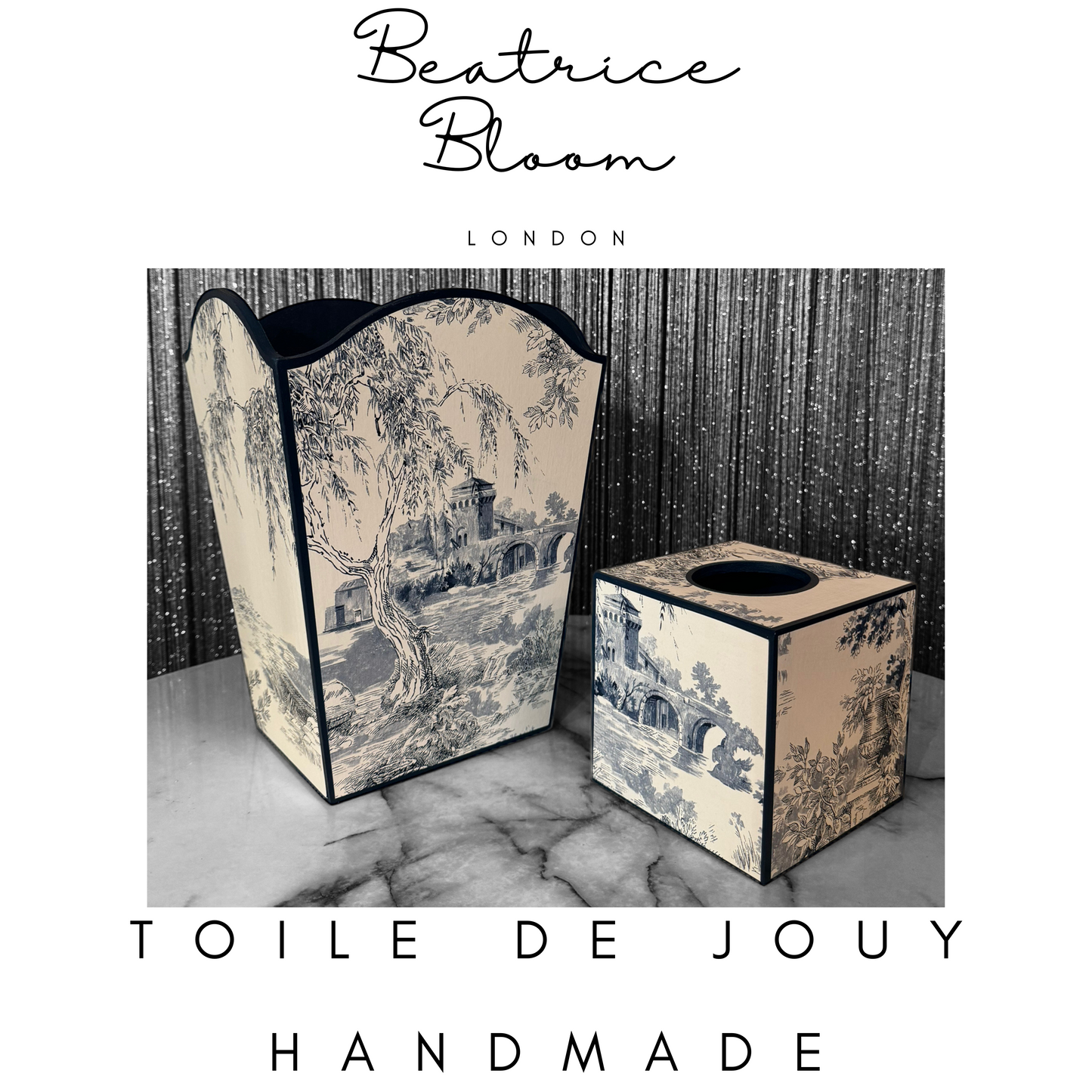 PARIS - waste paper bin and square tissue box cover - Decoupage in classic Toile de Jouy in navy colour way