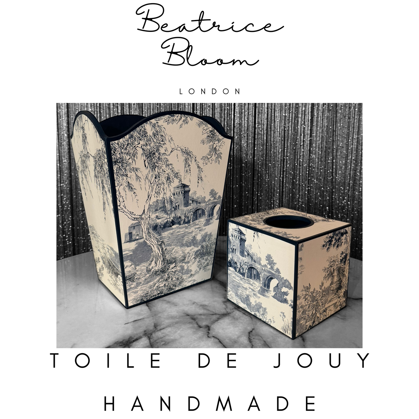 Paris - Matching set - Waste paper bin & square or rectangle tissue box cover - Decoupage in Navy Toile de Jouy in navy colourway