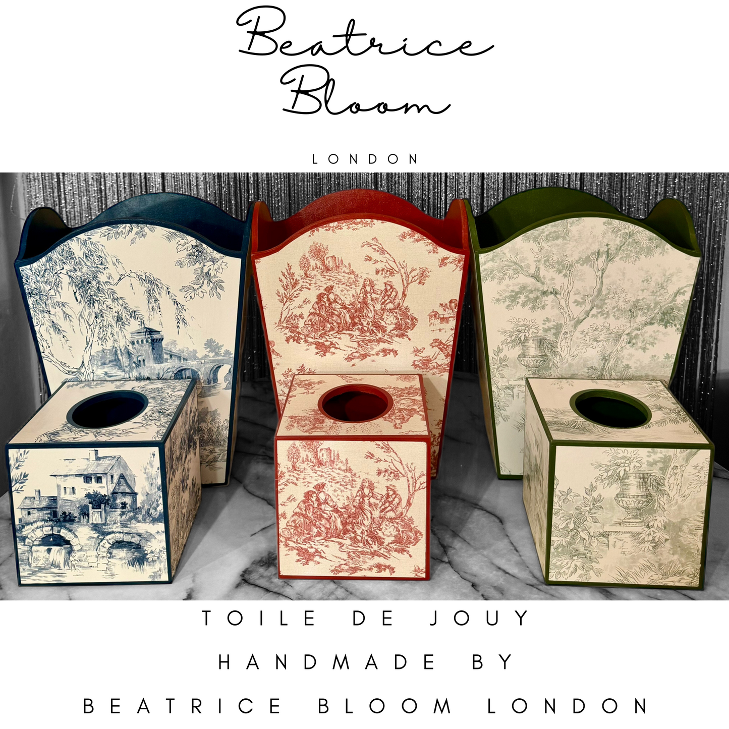 Paris - Matching set - Waste paper bin & square or rectangle tissue box cover - Decoupage in Navy Toile de Jouy in navy colourway