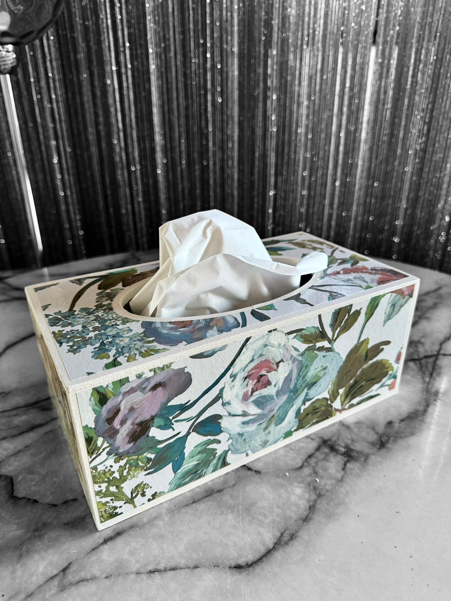 Hove - Matching set - Waste paper bin and square or rectangle tissue box cover - Decoupage in Designers Guild Mansur zinc colour way
