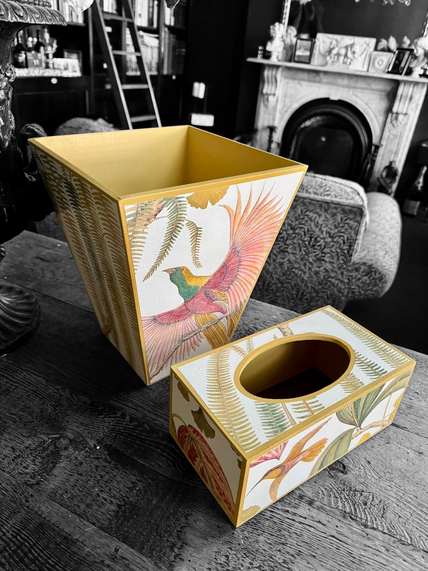 Kew *Spring 25 edition* Waste paper bin & matching tissue box cover - Decoupage in Bird of Paradise by Sanderson in Olive colourway