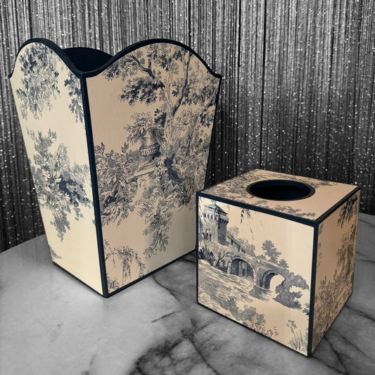 Paris - Matching set - Waste paper bin & square or rectangle tissue box cover - Decoupage in Navy Toile de Jouy in navy colourway