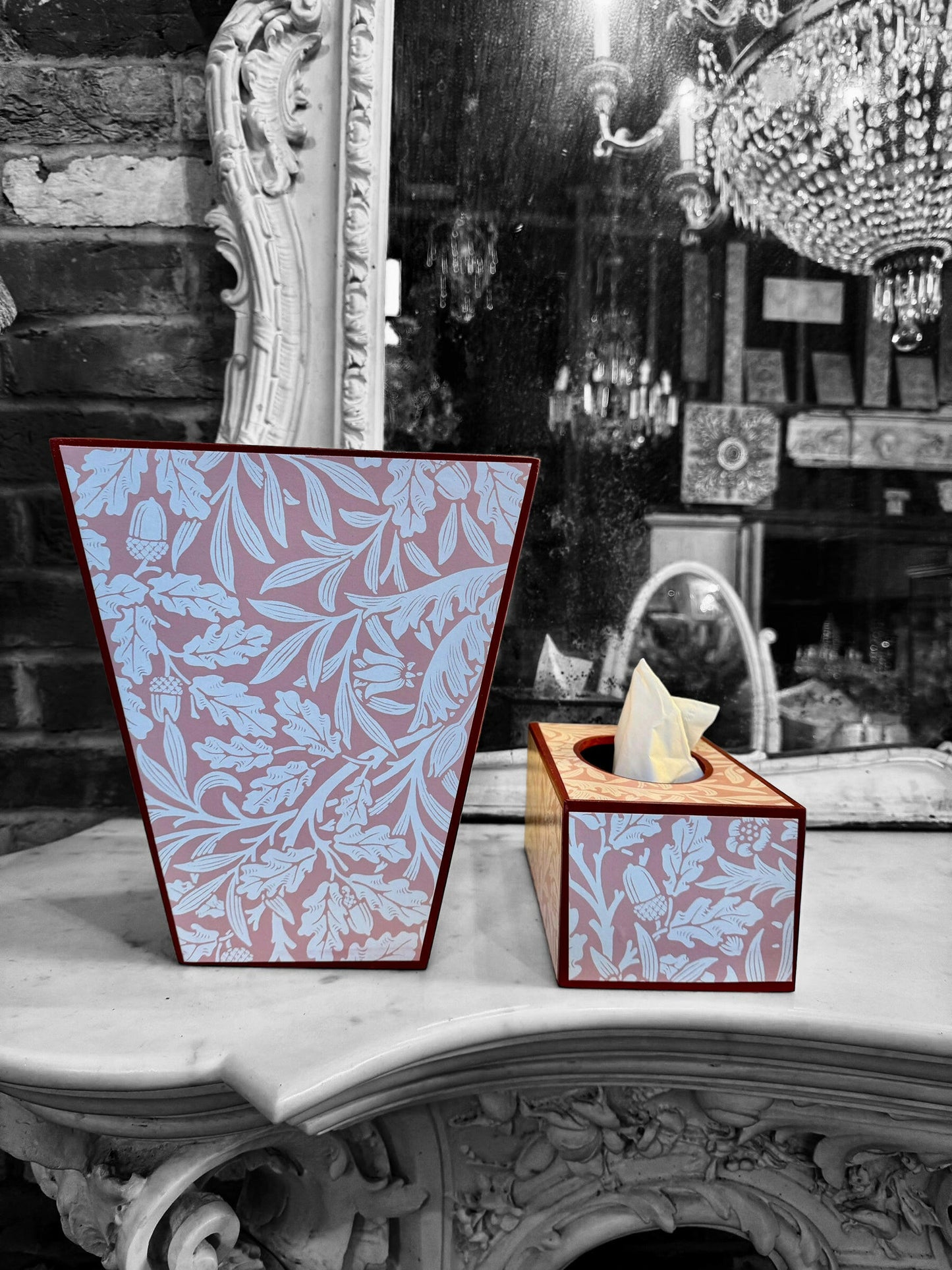 FITZROVIA - Waste paper basket and long tissue box cover - Decoupage in Acorn/Morris & Co in Blush colour way.