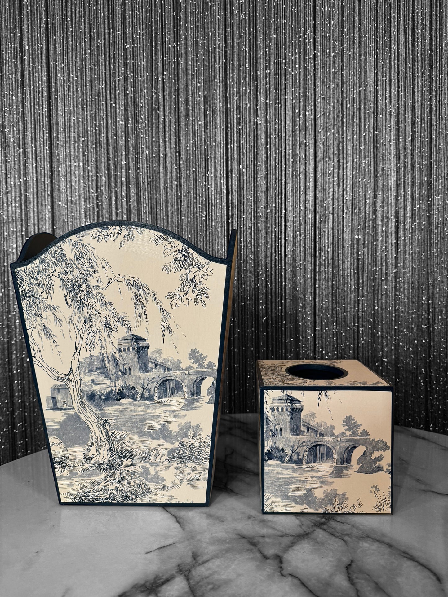 Paris - Matching set - Waste paper bin & square or rectangle tissue box cover - Decoupage in Navy Toile de Jouy in navy colourway