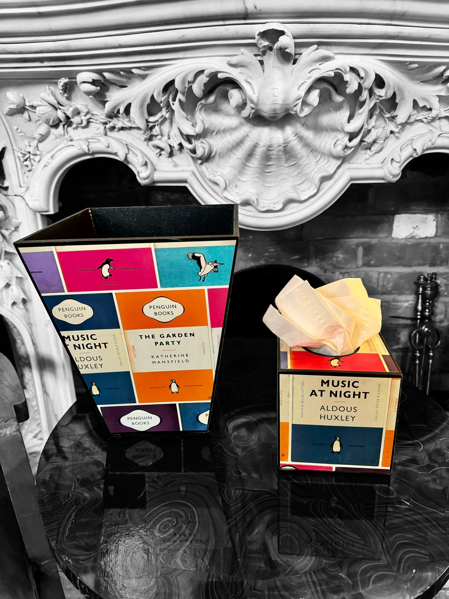 Oxford Waste paper bin & tissue box cover, bedroom bin, study bin, bathroom bin Penguin Library. Handmade by Beatrice Bloom London