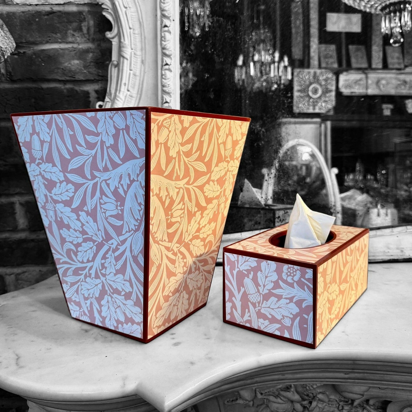 FITZROVIA - Waste paper basket and long tissue box cover - Decoupage in Acorn/Morris & Co in Blush colour way.