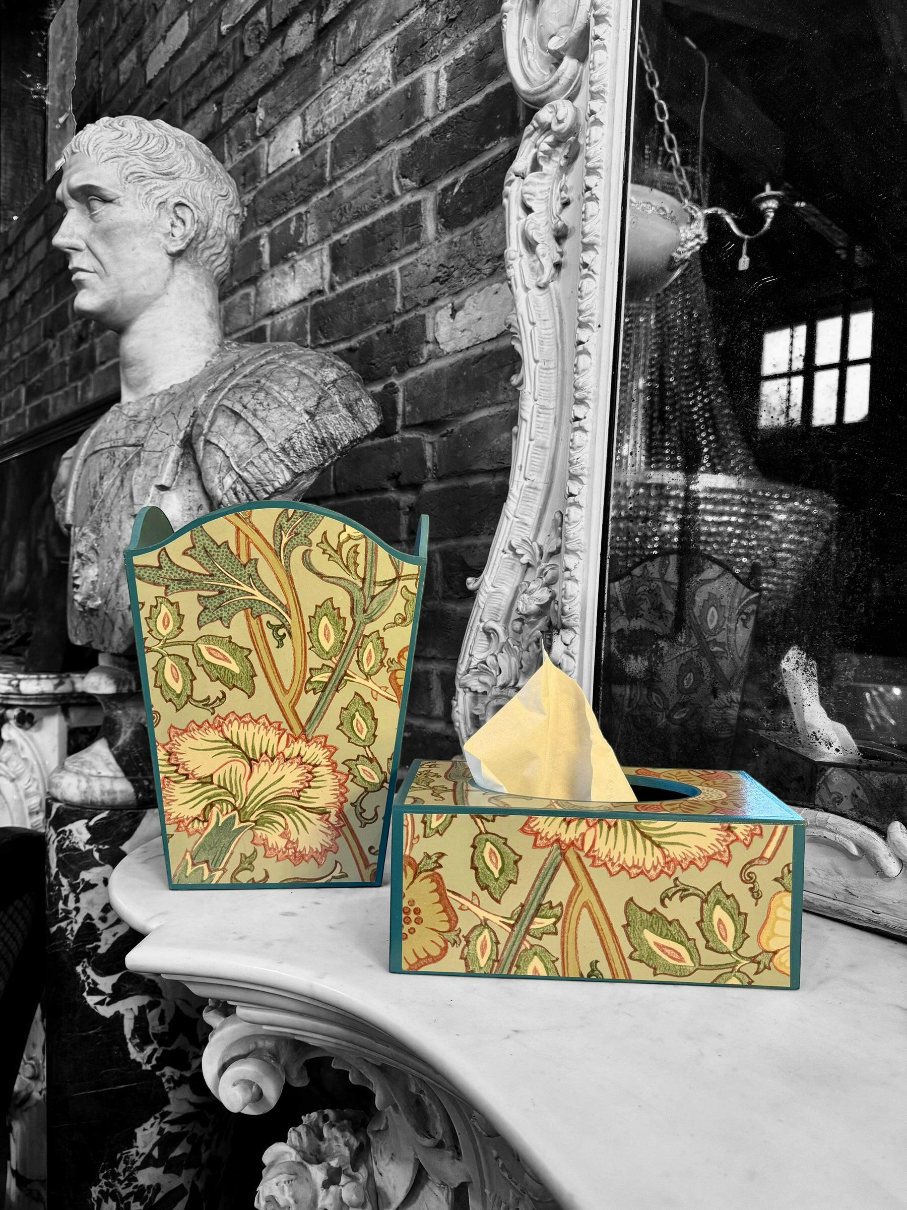 KENSINGTON **LIMITED EDITION** Waste paper bin & rectangle tissue box cover - Decoupage in Pink and Rose/Morris & Co in Eggshell/Rose colourway..