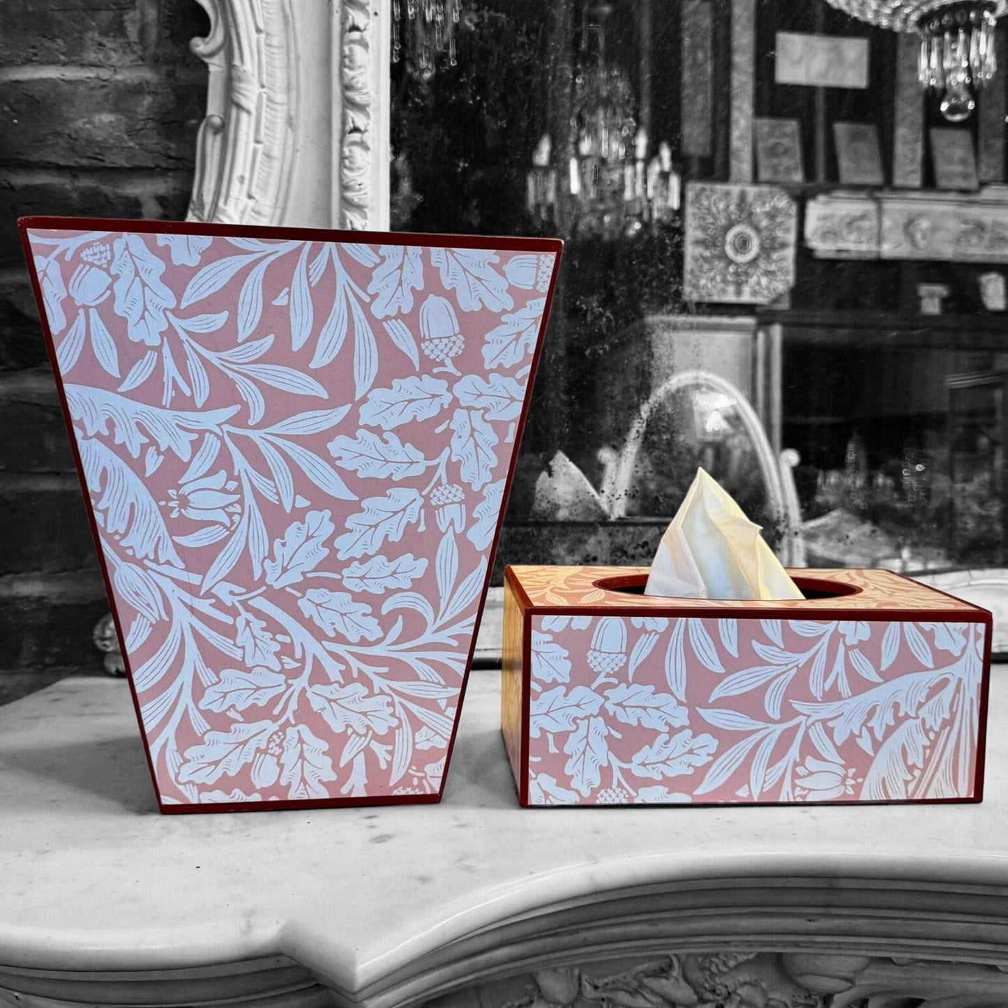 FITZROVIA - Waste paper basket and long tissue box cover - Decoupage in Acorn/Morris & Co in Blush colour way.