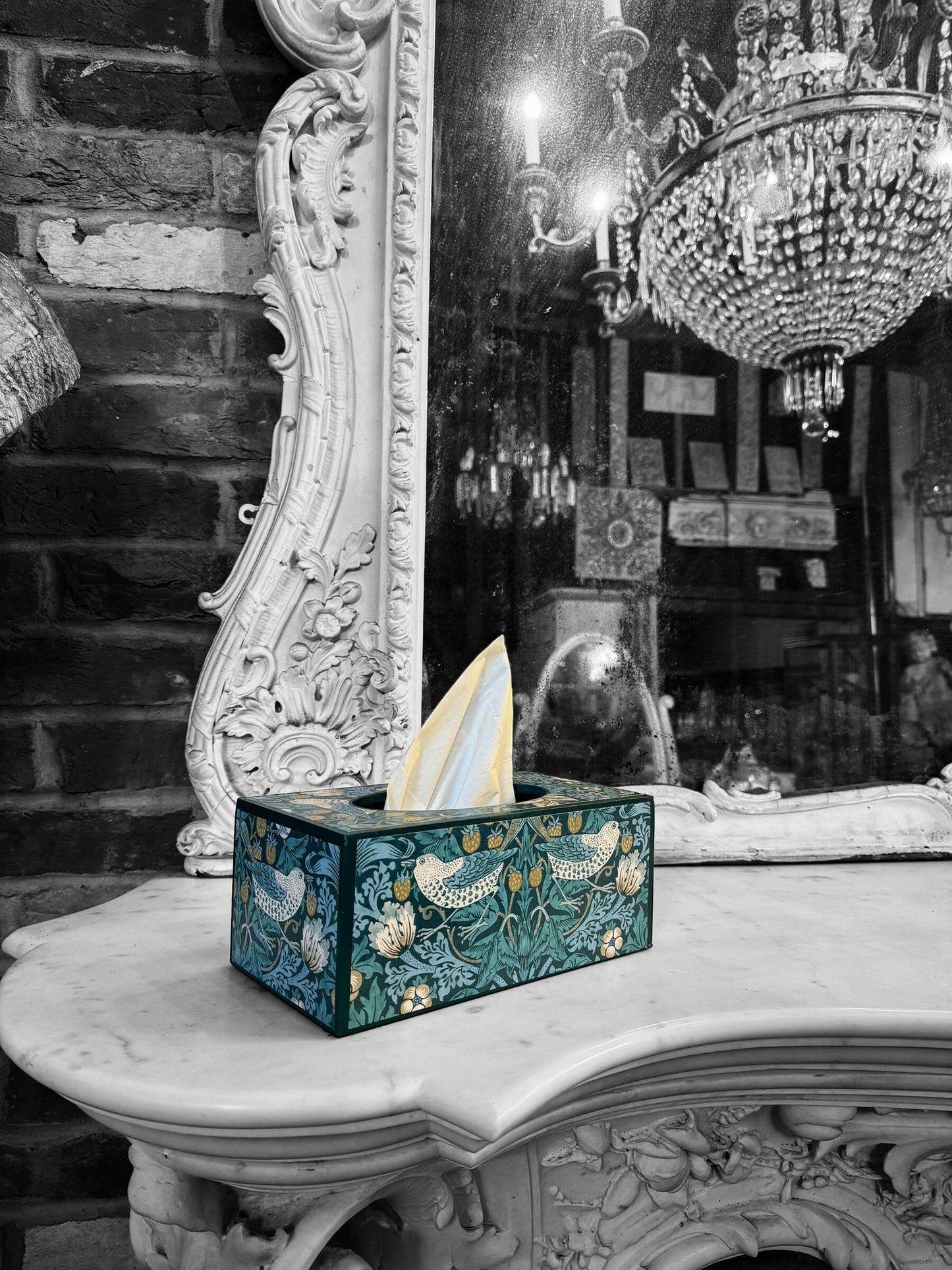 KELMSCOTT TEAL - Rectangle tissue box xcover - Decoupage in Strawberry Thief/Clarke & Clarke in teal colourway.