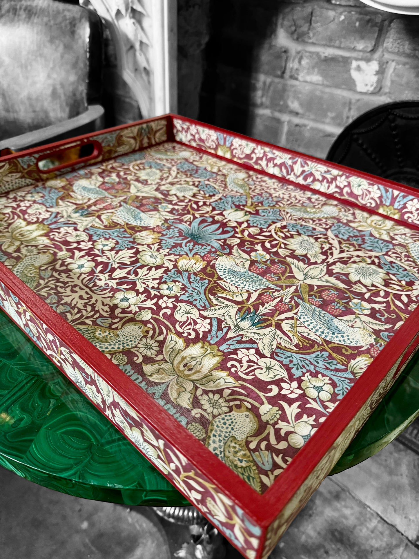 Kelmscott 'The red edit' - Ottoman tray available in 4 x sizes - Decoupage in William Morris Strawberry Thief by Clarke & Clarke in plum colourway