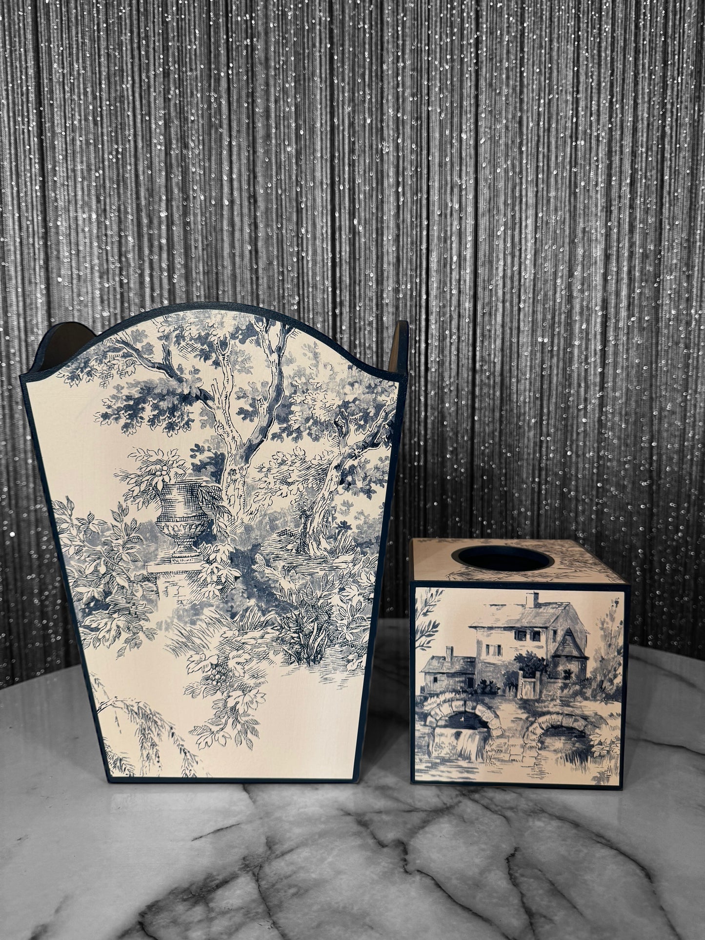 Paris - Matching set - Waste paper bin & square or rectangle tissue box cover - Decoupage in Navy Toile de Jouy in navy colourway