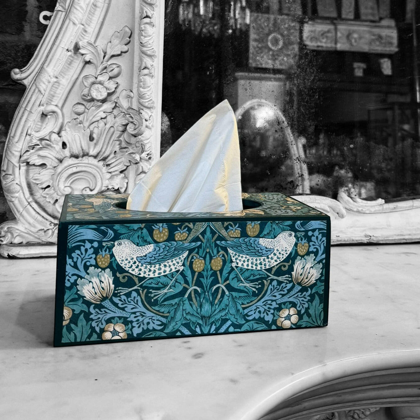 KELMSCOTT TEAL - Rectangle tissue box xcover - Decoupage in Strawberry Thief/Clarke & Clarke in teal colourway.