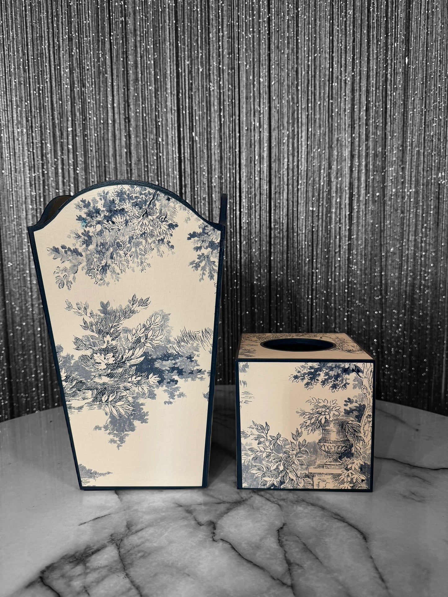 Paris - Matching set - Waste paper bin & square or rectangle tissue box cover - Decoupage in Navy Toile de Jouy in navy colourway