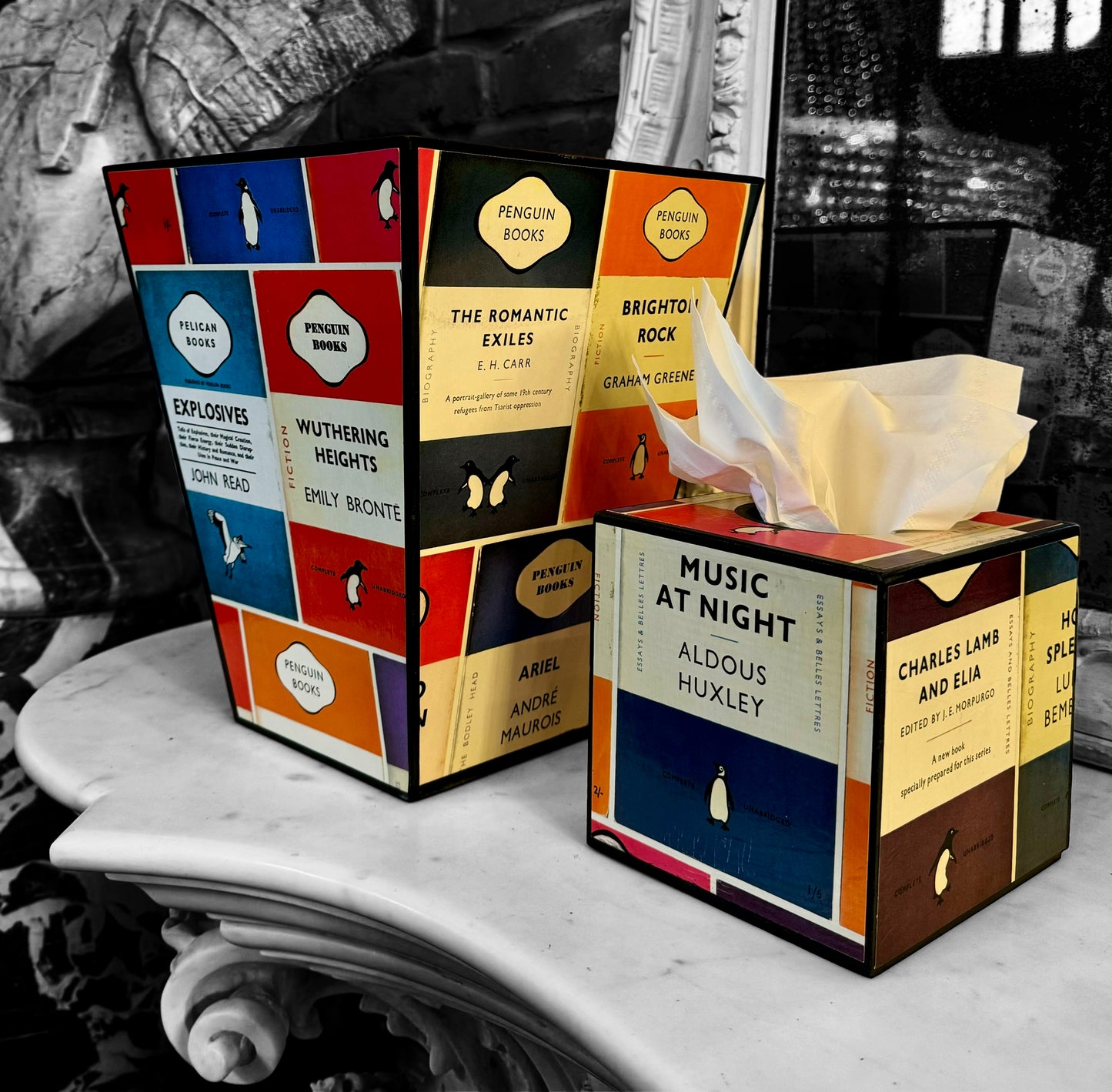 Oxford Waste paper bin & tissue box cover, bedroom bin, study bin, bathroom bin Penguin Library. Handmade by Beatrice Bloom London