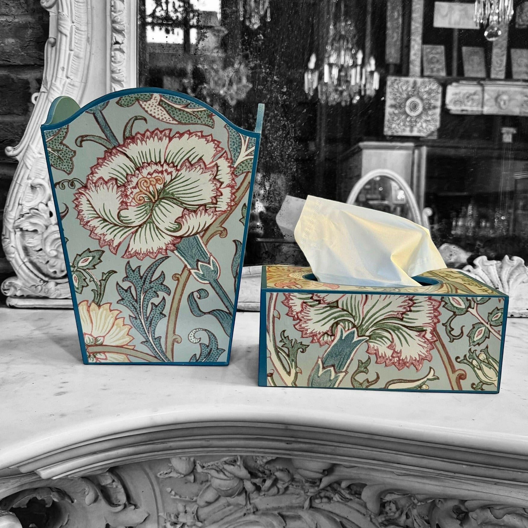 KENSINGTON **LIMITED EDITION** Waste paper bin & rectangle tissue box cover - Decoupage in Pink and Rose/Morris & Co in Eggshell/Rose colourway..