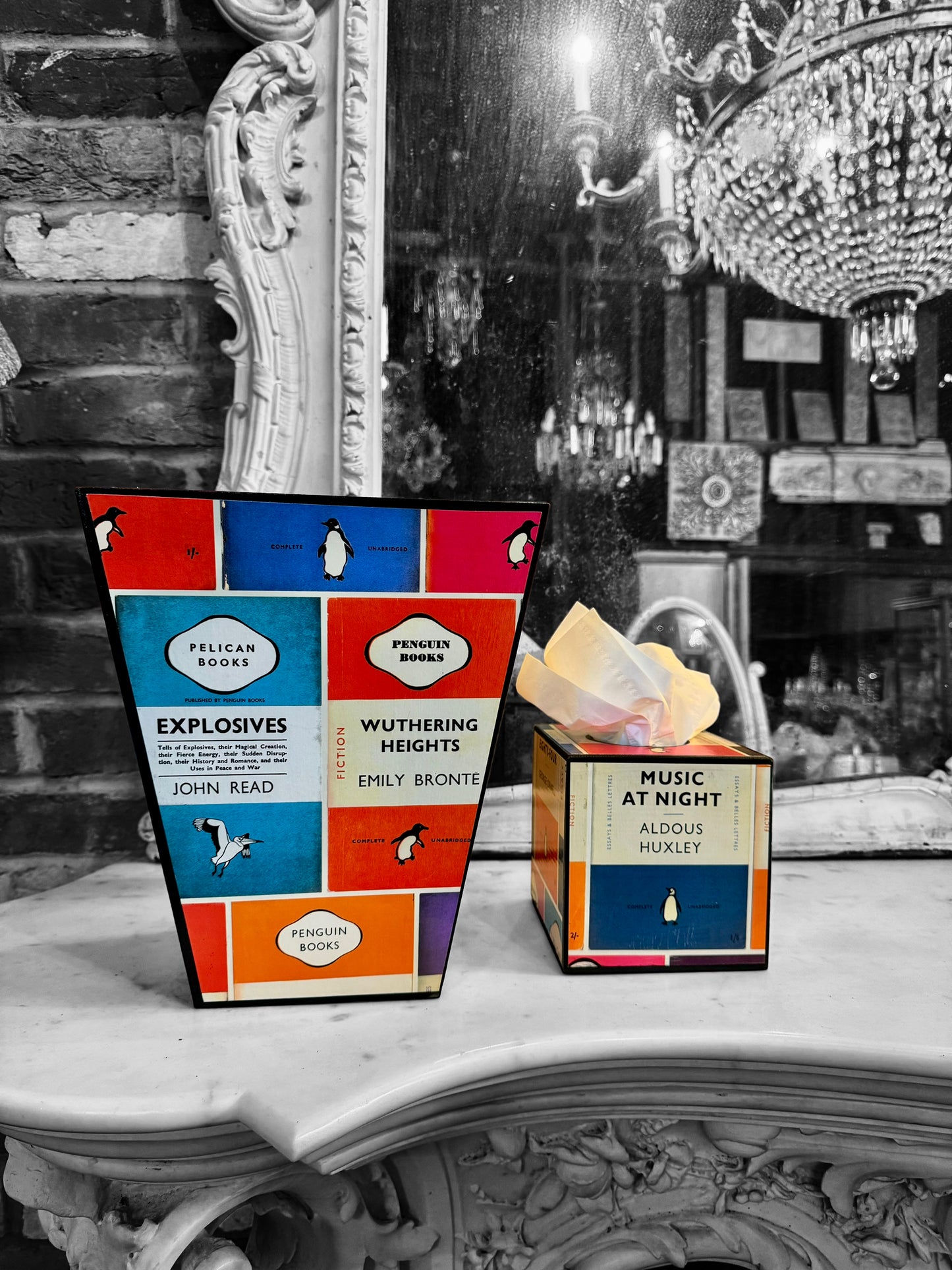 Oxford Waste paper bin & tissue box cover, bedroom bin, study bin, bathroom bin Penguin Library. Handmade by Beatrice Bloom London