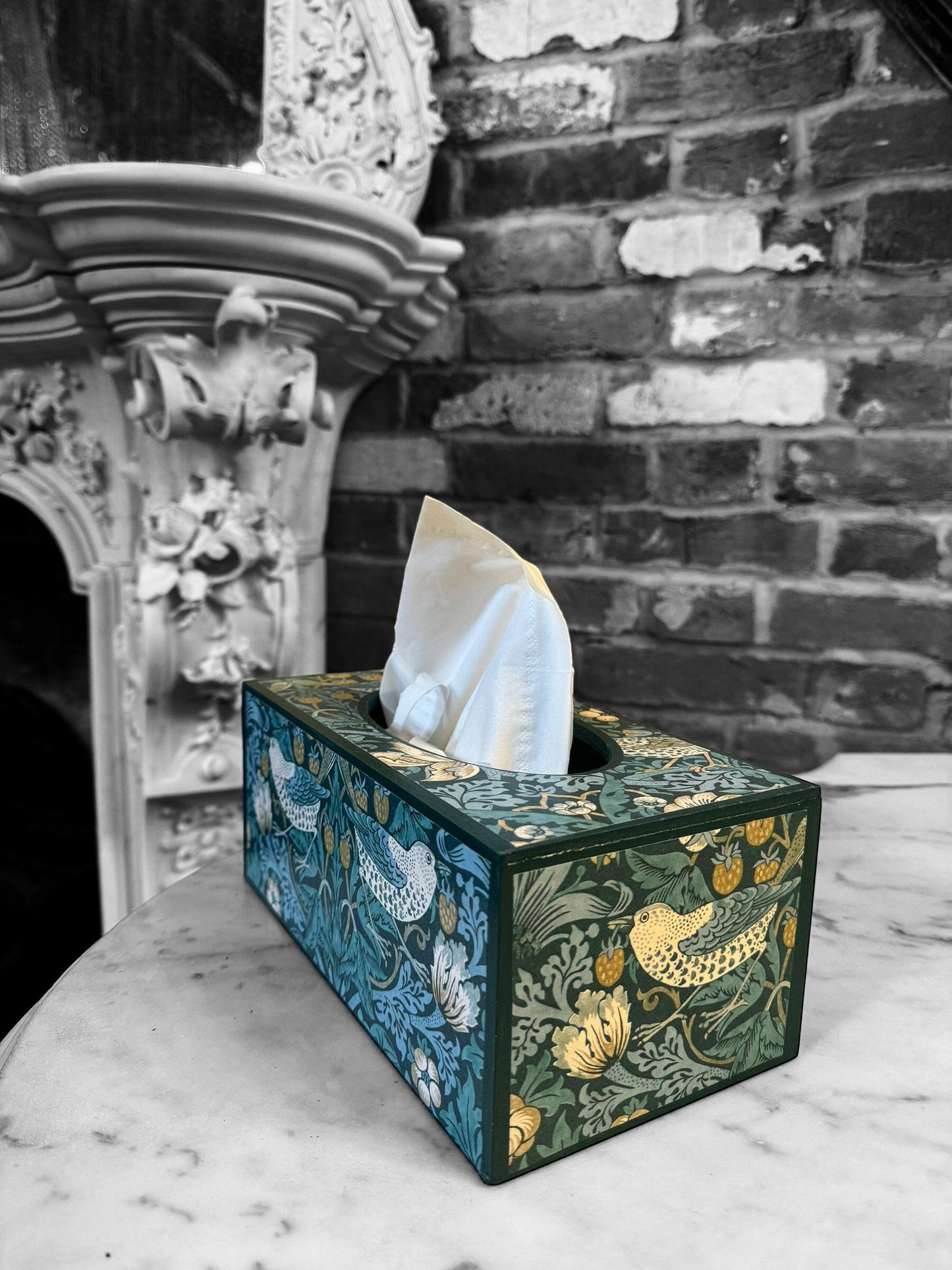 KELMSCOTT TEAL - Rectangle tissue box xcover - Decoupage in Strawberry Thief/Clarke & Clarke in teal colourway.