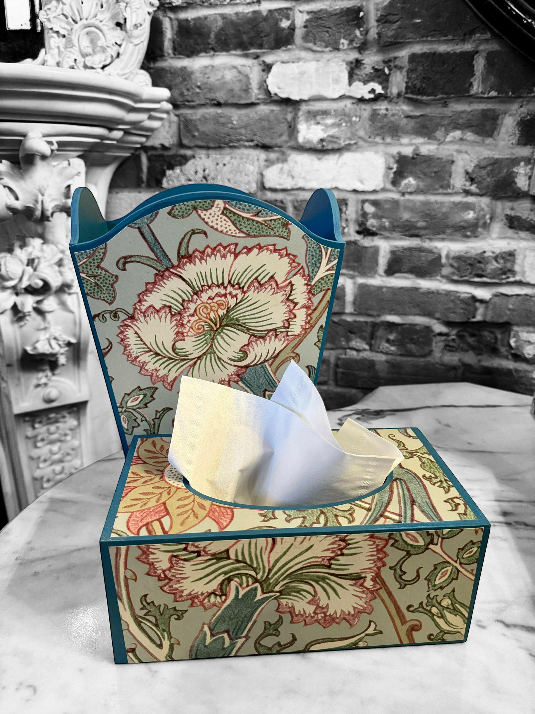 KENSINGTON **LIMITED EDITION** Waste paper bin & rectangle tissue box cover - Decoupage in Pink and Rose/Morris & Co in Eggshell/Rose colourway..