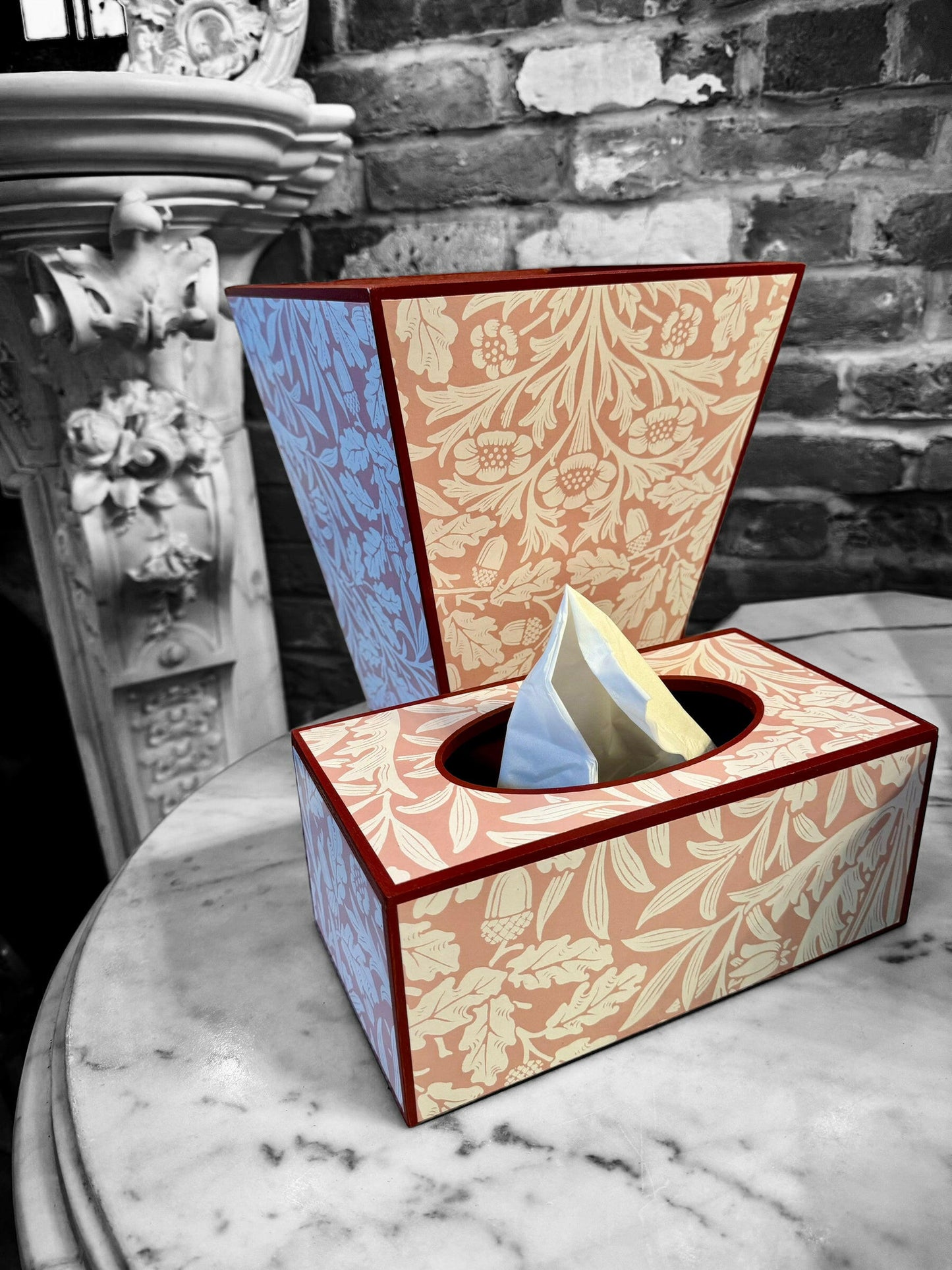 FITZROVIA - Waste paper basket and long tissue box cover - Decoupage in Acorn/Morris & Co in Blush colour way.