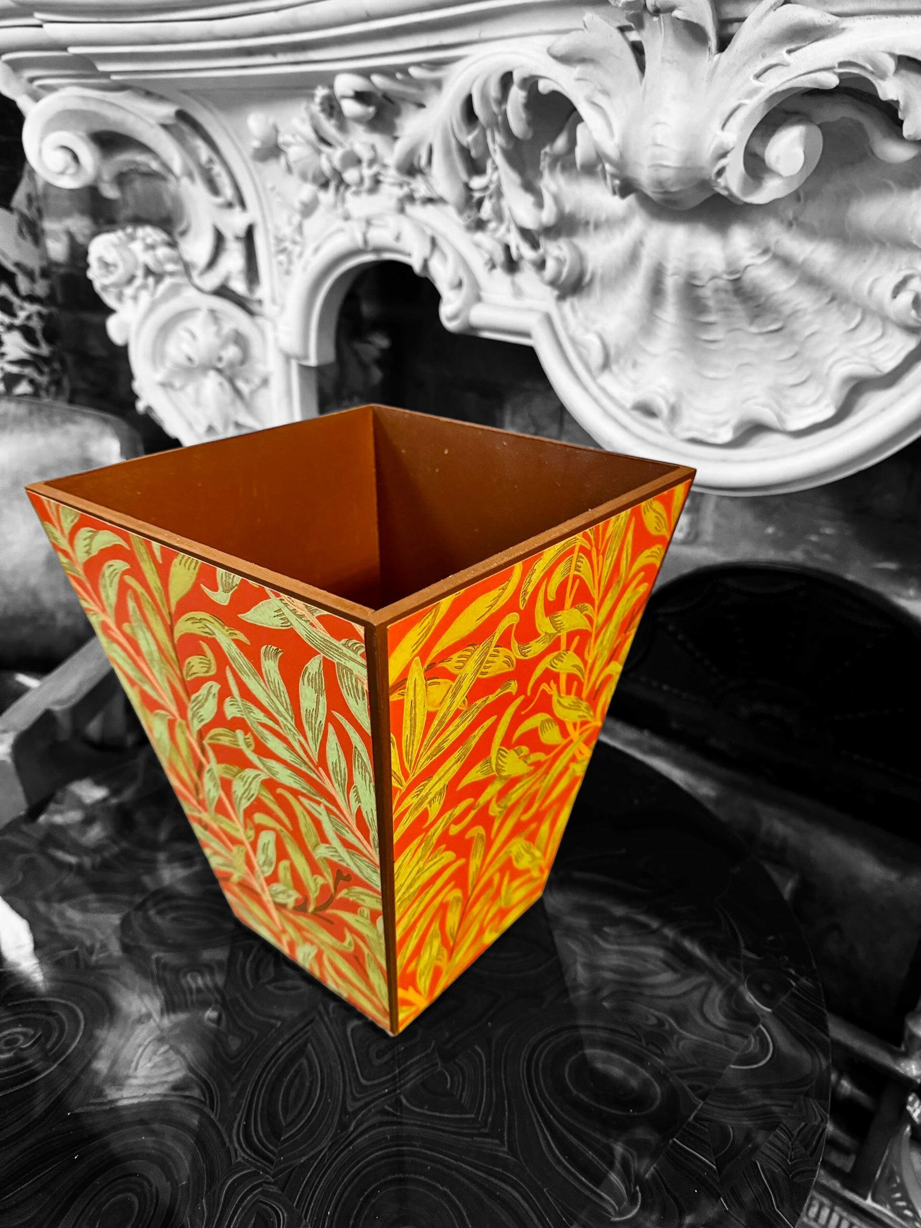 HOLBORN - Waste paper bin- Decoupage in Willow Boughs/Morris & Co in Tomato/Olive colourway.