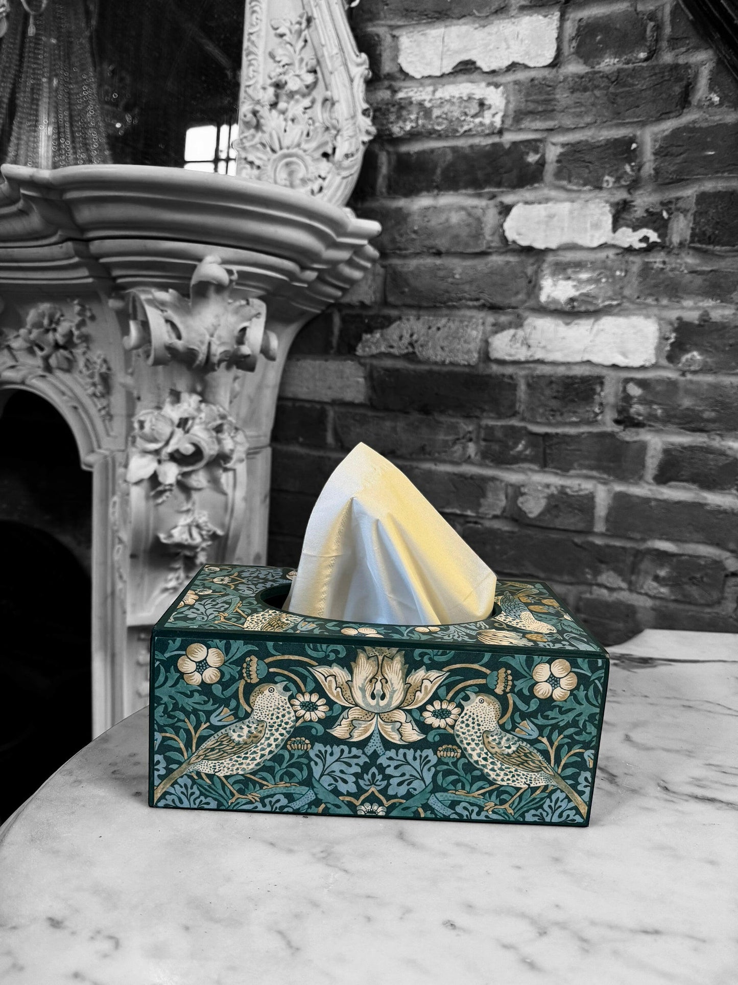 KELMSCOTT TEAL - Rectangle tissue box xcover - Decoupage in Strawberry Thief/Clarke & Clarke in teal colourway.