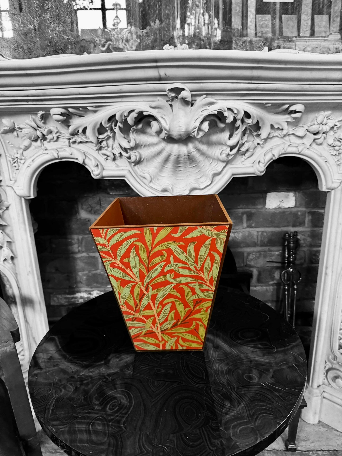 HOLBORN - Waste paper bin- Decoupage in Willow Boughs/Morris & Co in Tomato/Olive colourway.