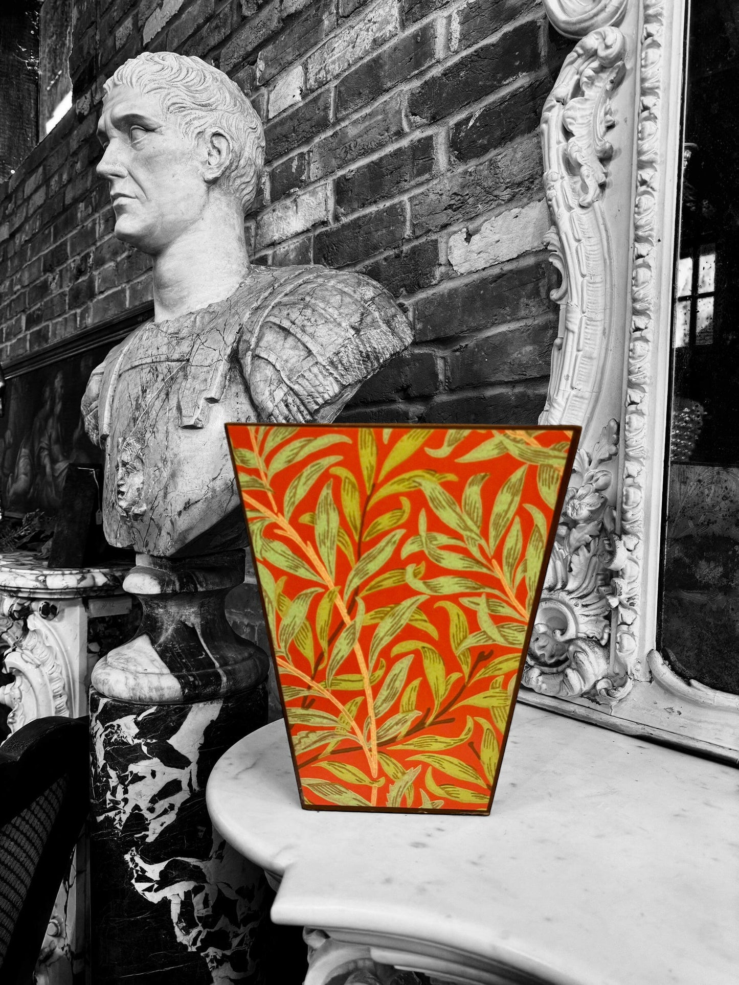 HOLBORN - Waste paper bin- Decoupage in Willow Boughs/Morris & Co in Tomato/Olive colourway.