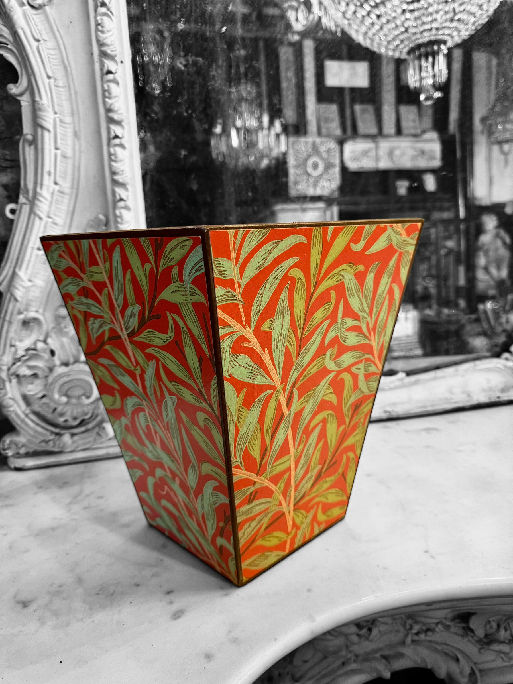 HOLBORN - Waste paper bin- Decoupage in Willow Boughs/Morris & Co in Tomato/Olive colourway.