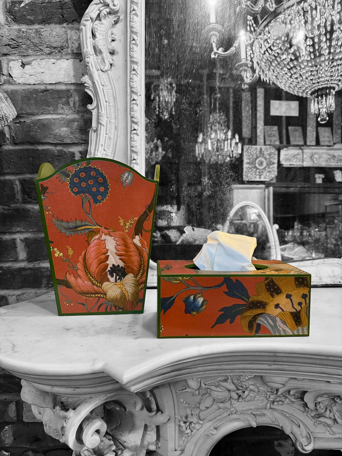 Shoreditch - Matching set - Waste paper bin & square or rectangle tissue box cover - Decoupage in Artemis by House of Hackney in Sienna colourway
