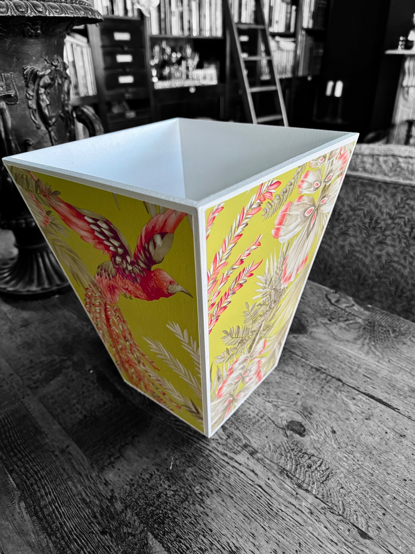 Twickenham - Matching set - Waste paper bin & square or rectangle tissue box cover - Decoupage in Bird of Paradise by Matthew Williamson in pink/purple colourway