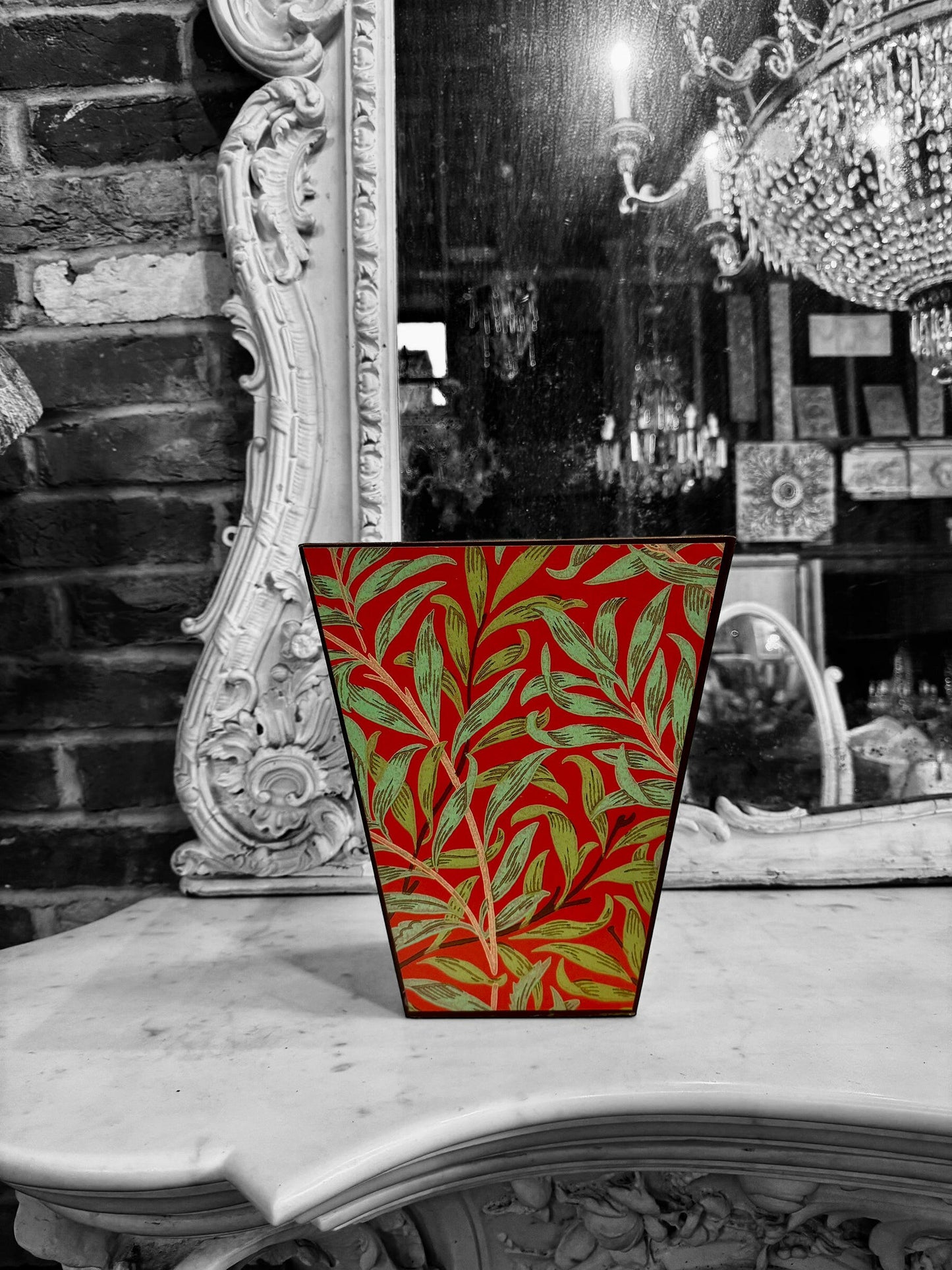 HOLBORN - Waste paper bin- Decoupage in Willow Boughs/Morris & Co in Tomato/Olive colourway.