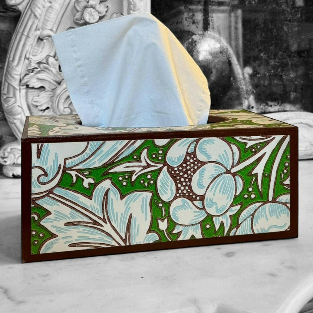 CLERKENWELL **LIMITED EDITION** Rectangle tissue box cover - Decoupage in Batchelors Button/Morris & Co X Ben Pentreath in Leaf Green/Sky colour way..