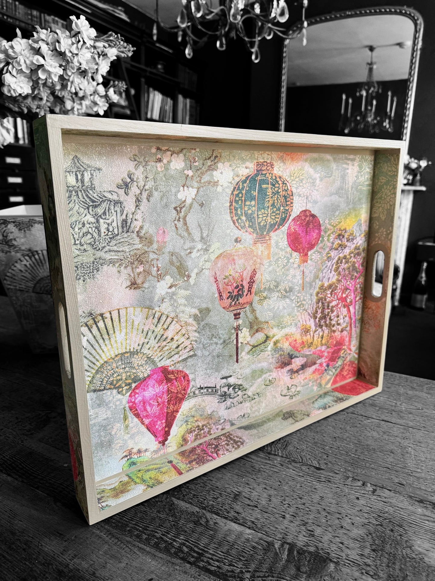 Tokyo - Ottoman tray available in 4 x sizes - Decoupage in intricate Japanese garden inspired textured paper