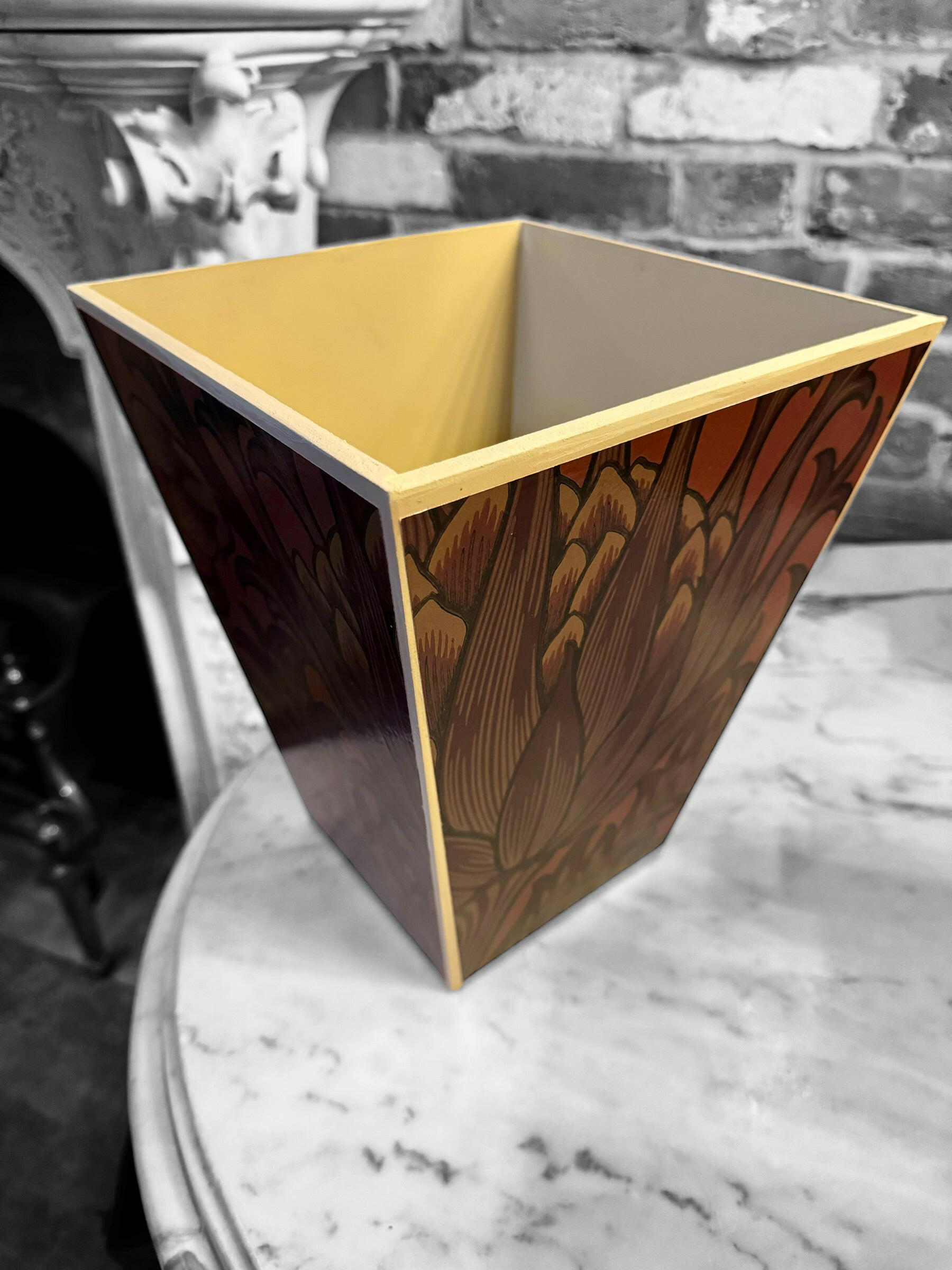 CAMDEN - Waste paper bin - Decoupage in Artichoke/Morris & Co/Sanderson in wine colourway..