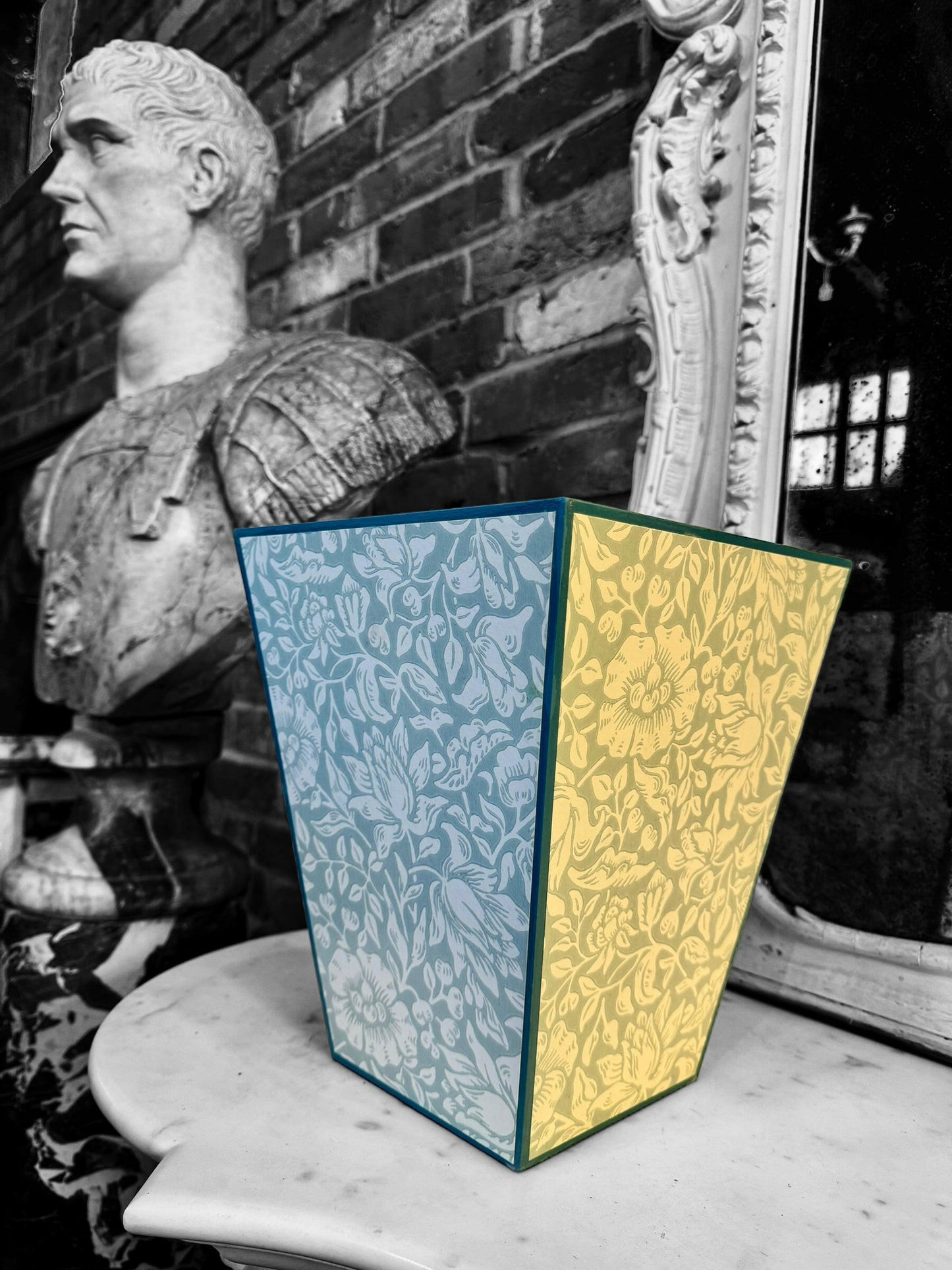 CHELSEA - Waste paper bin - Decoupage in Mallow/Morris & Co in Chalk/Duck Egg colour way..