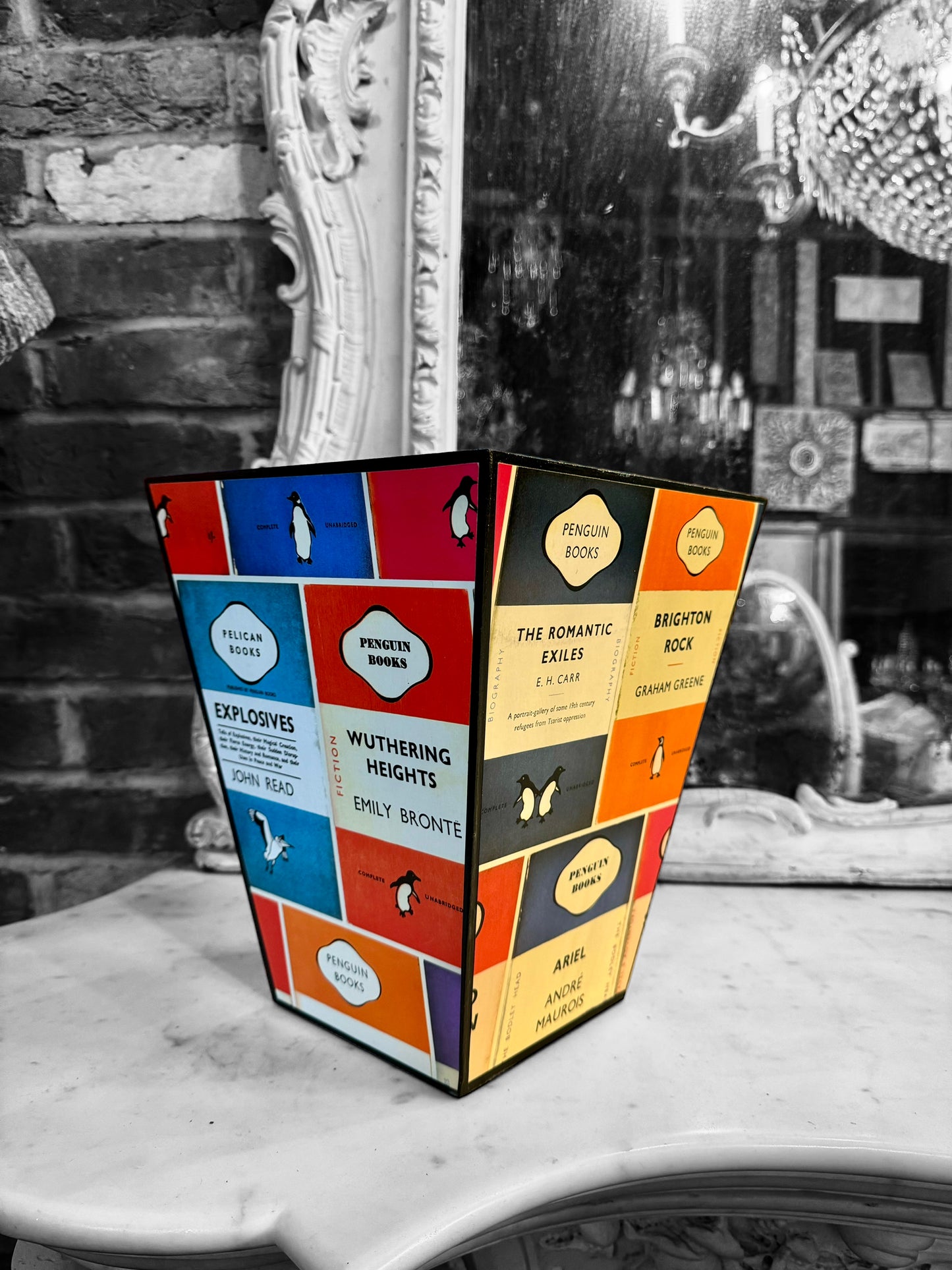 Oxford Waste paper bin & tissue box cover, bedroom bin, study bin, bathroom bin Penguin Library. Handmade by Beatrice Bloom London