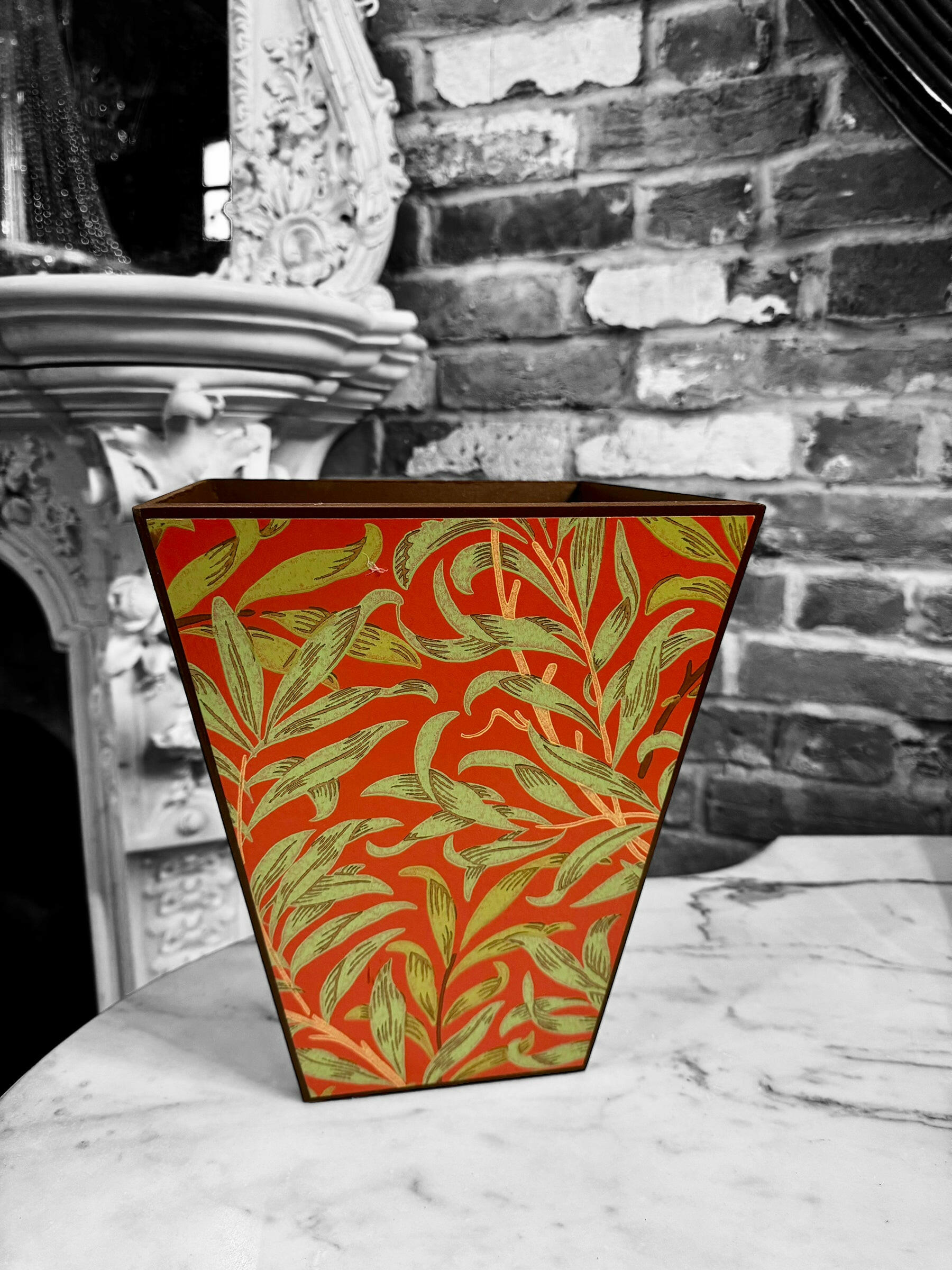 HOLBORN - Waste paper bin- Decoupage in Willow Boughs/Morris & Co in Tomato/Olive colourway.