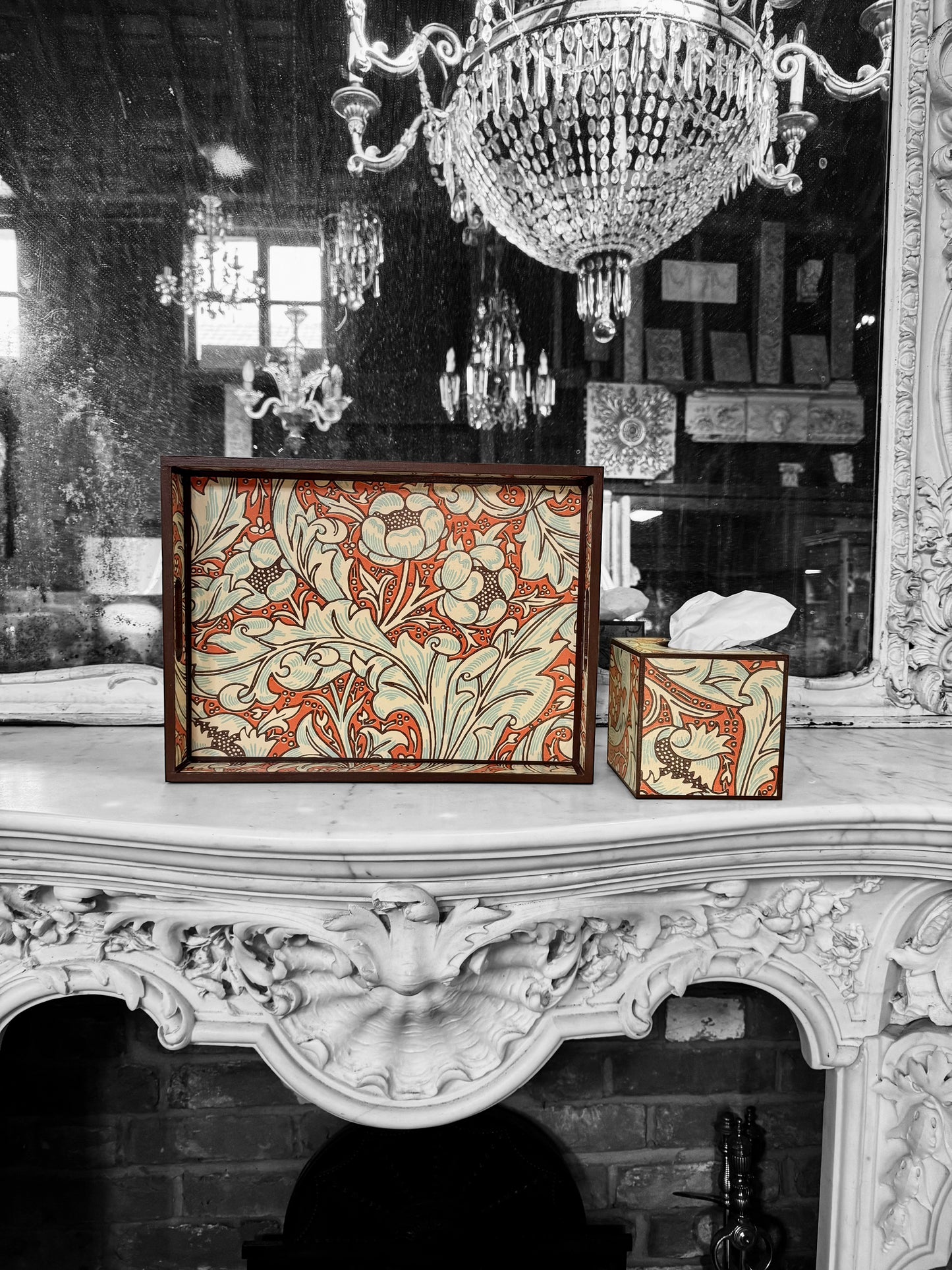 Clerkenwell - Ottoman tray available in 4 x sizes - Decoupage in William Morris Batchelor's Button by Morris & Co in Orange/Sky colourway